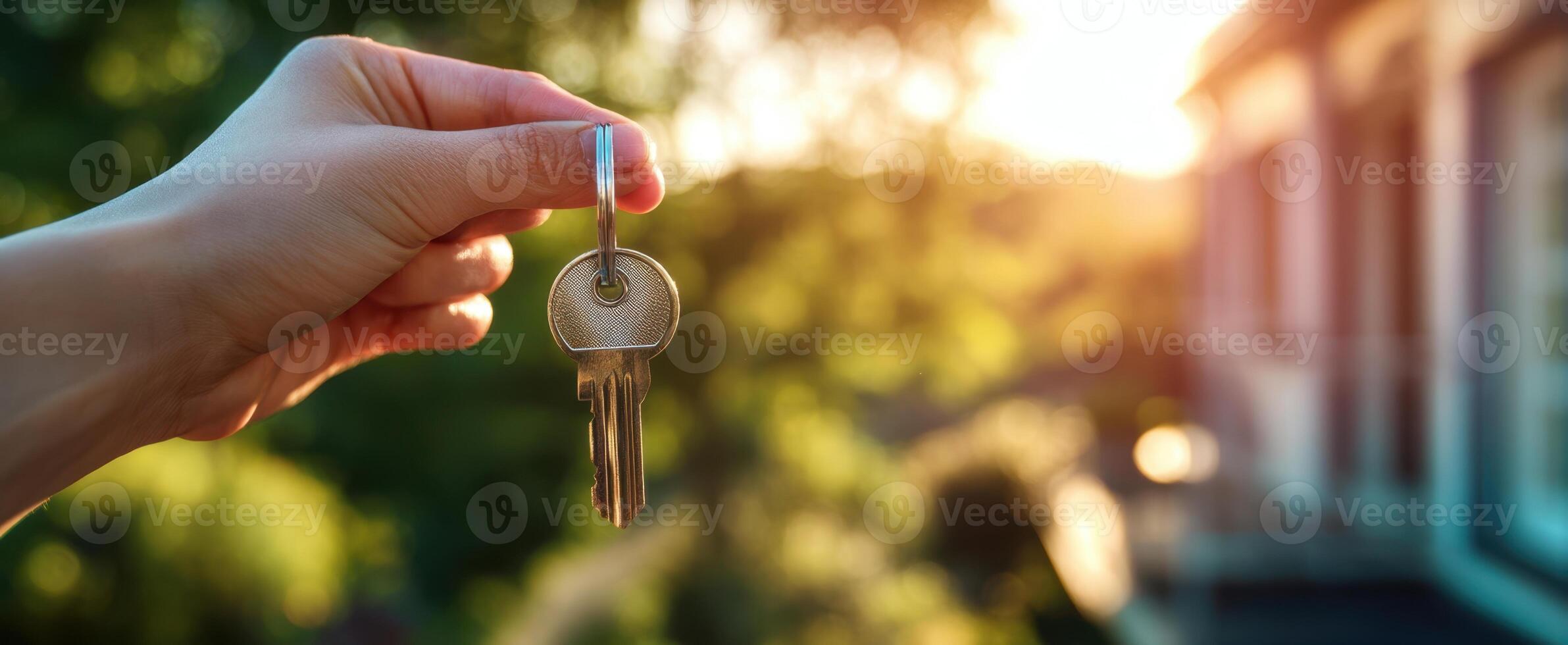 The keys held up in sunlight symbolizing new beginnings and home ownership photo