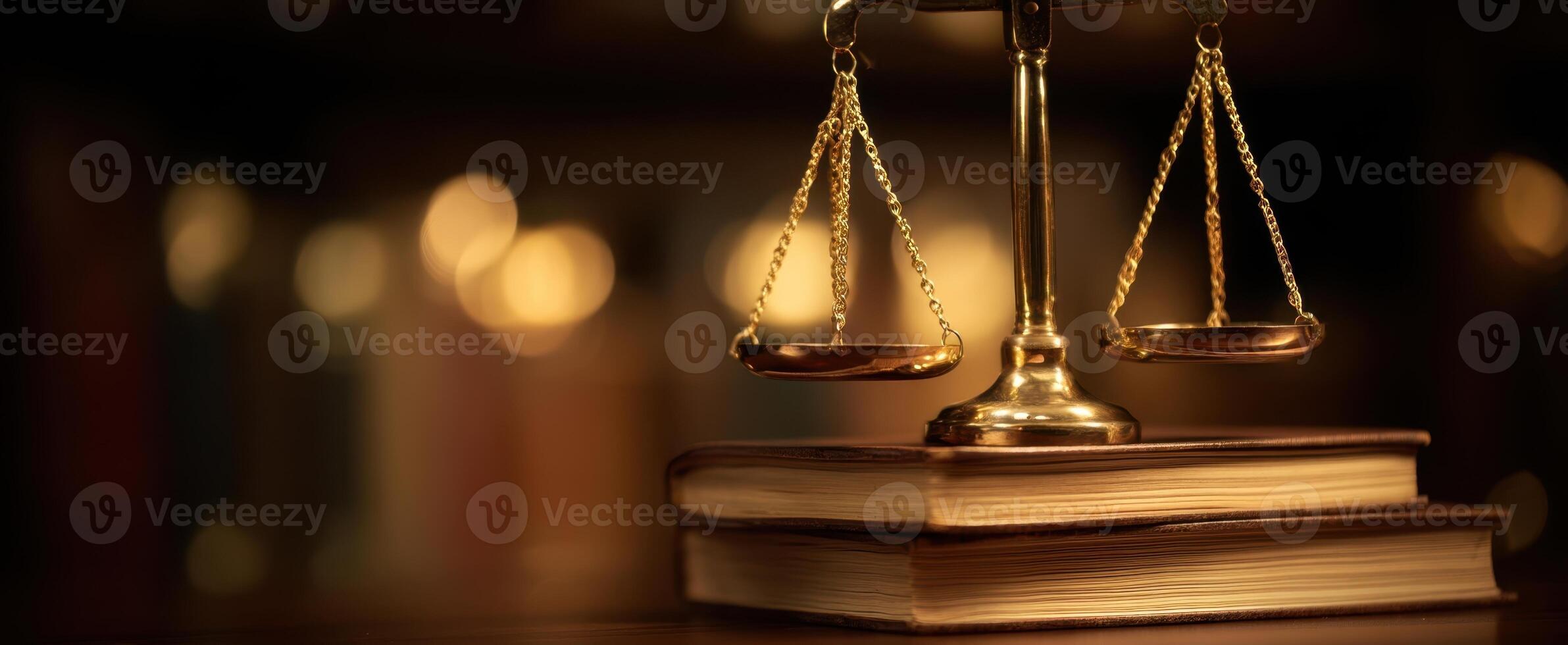 The golden scales of justice resting on law books in a warm library setting. photo