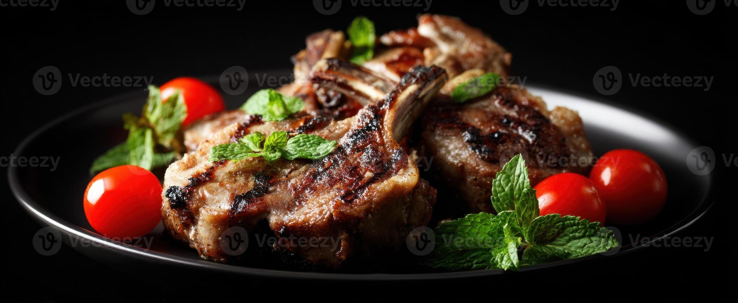 The succulent lamb chops garnished with mint and cherry tomatoes on a plate. photo