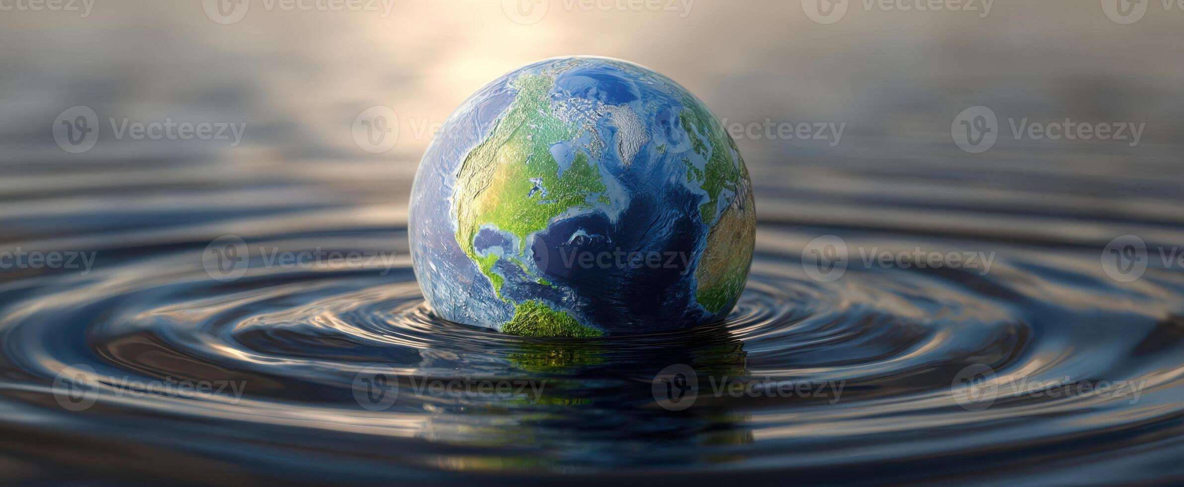The Earth Floating on Water Surrounded by Gentle Ripples and Serenity photo