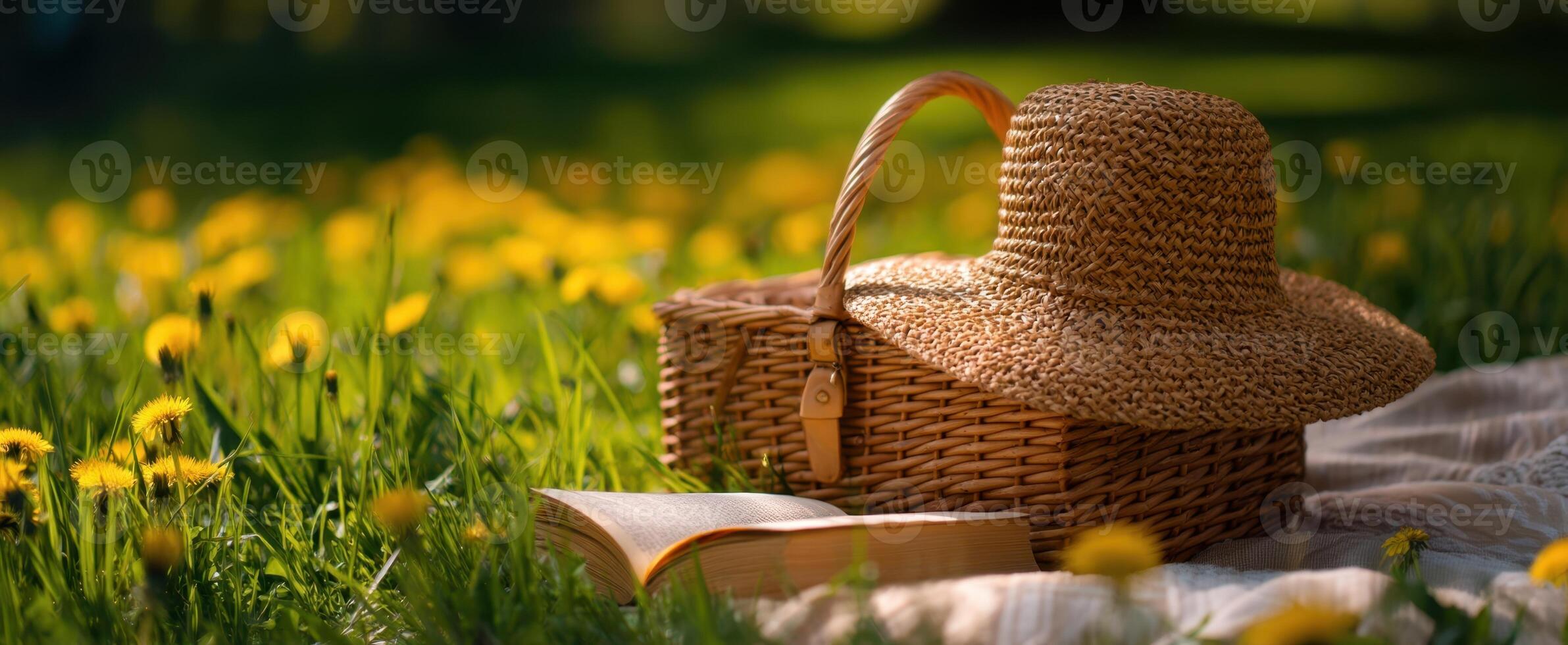The cozy picnic setup featuring a straw hat and an open book. photo
