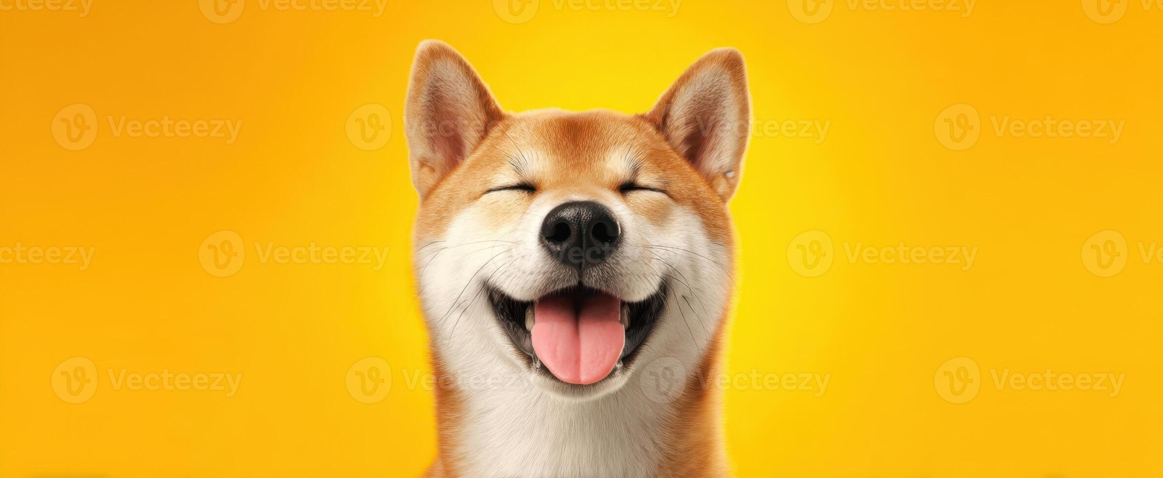 The happy Shiba Inu enjoying a bright yellow background and smiling joyfully. photo