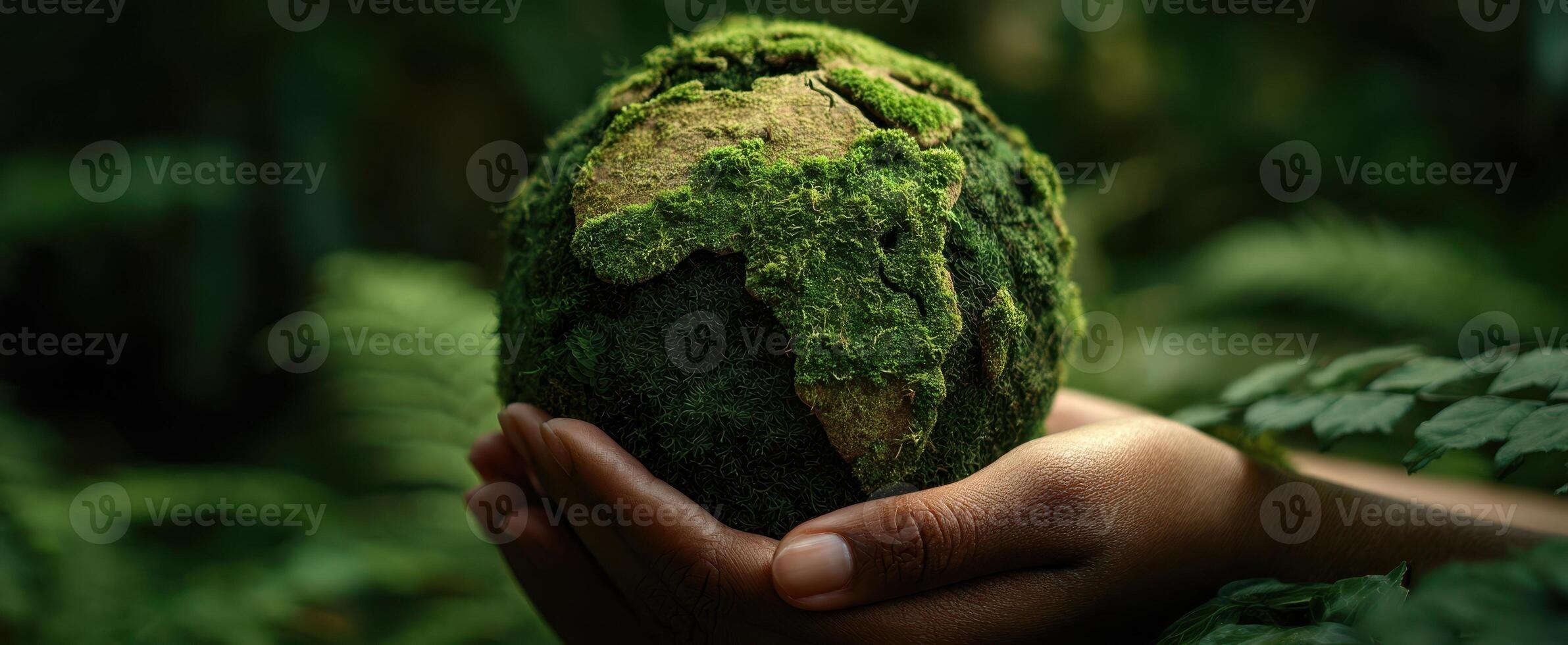 The hand holding a green, moss-covered globe symbolizing environmental care. photo