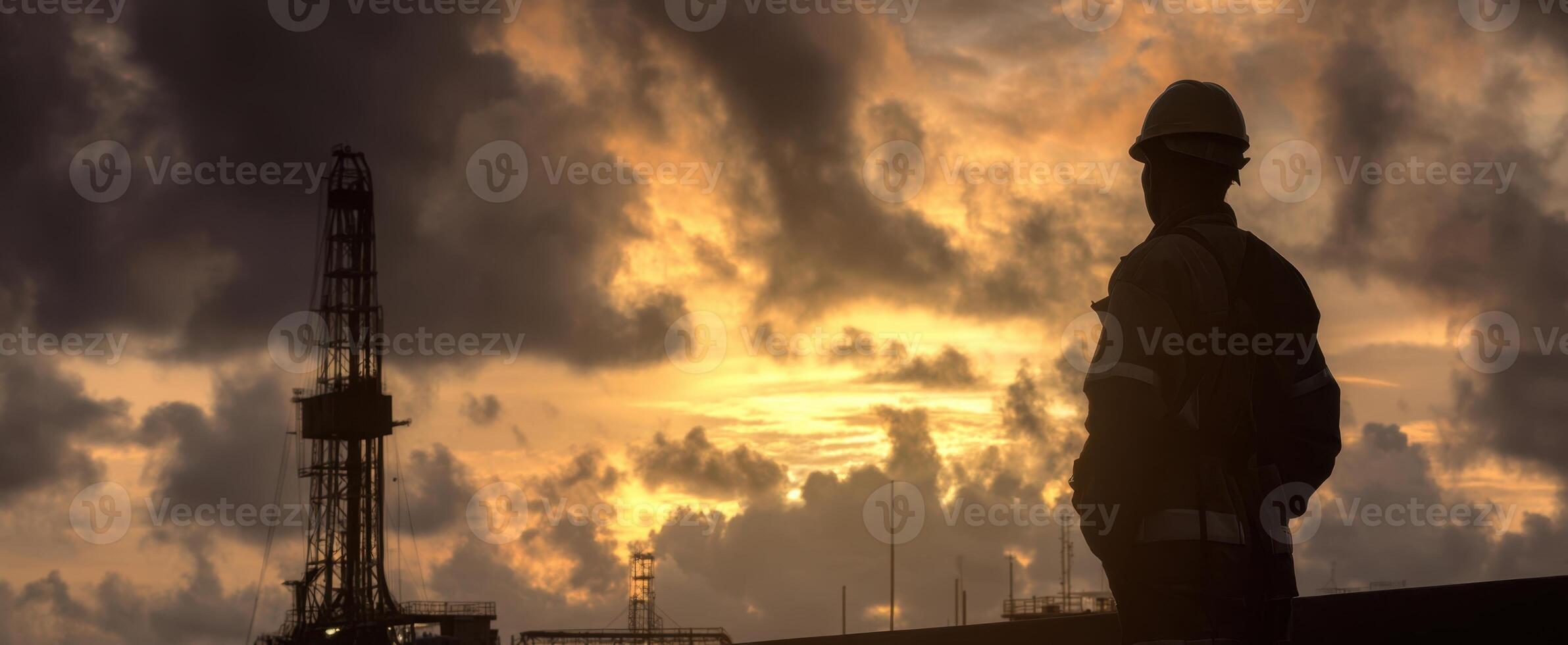 The silhouette of a worker overlooking an oil drilling site at sunset photo