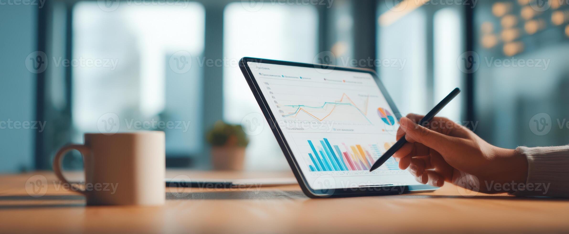 The tablet displaying analytical data and charts in a modern workspace. photo