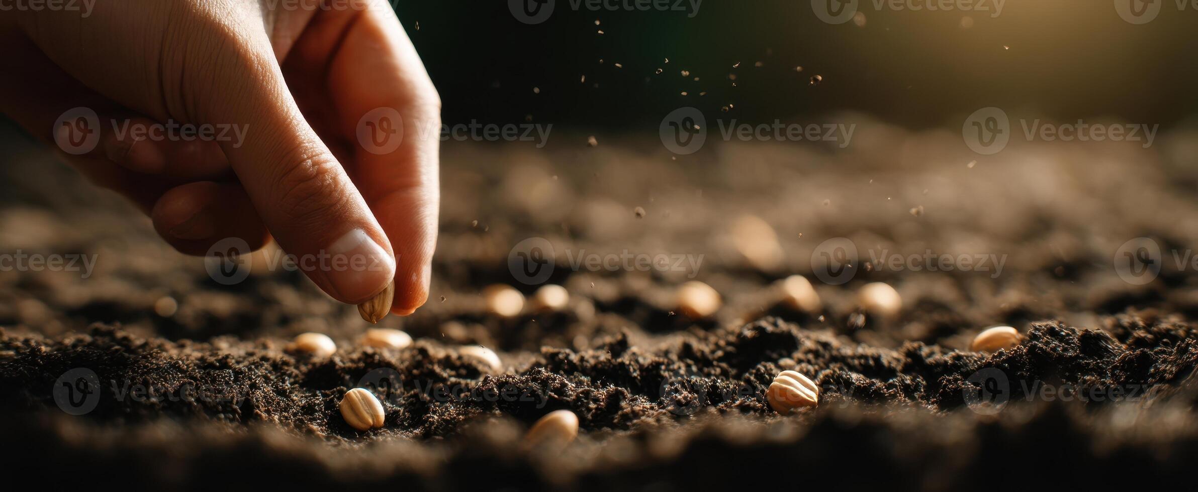 The hand gently planting seeds into fertile soil for a bountiful harvest. photo