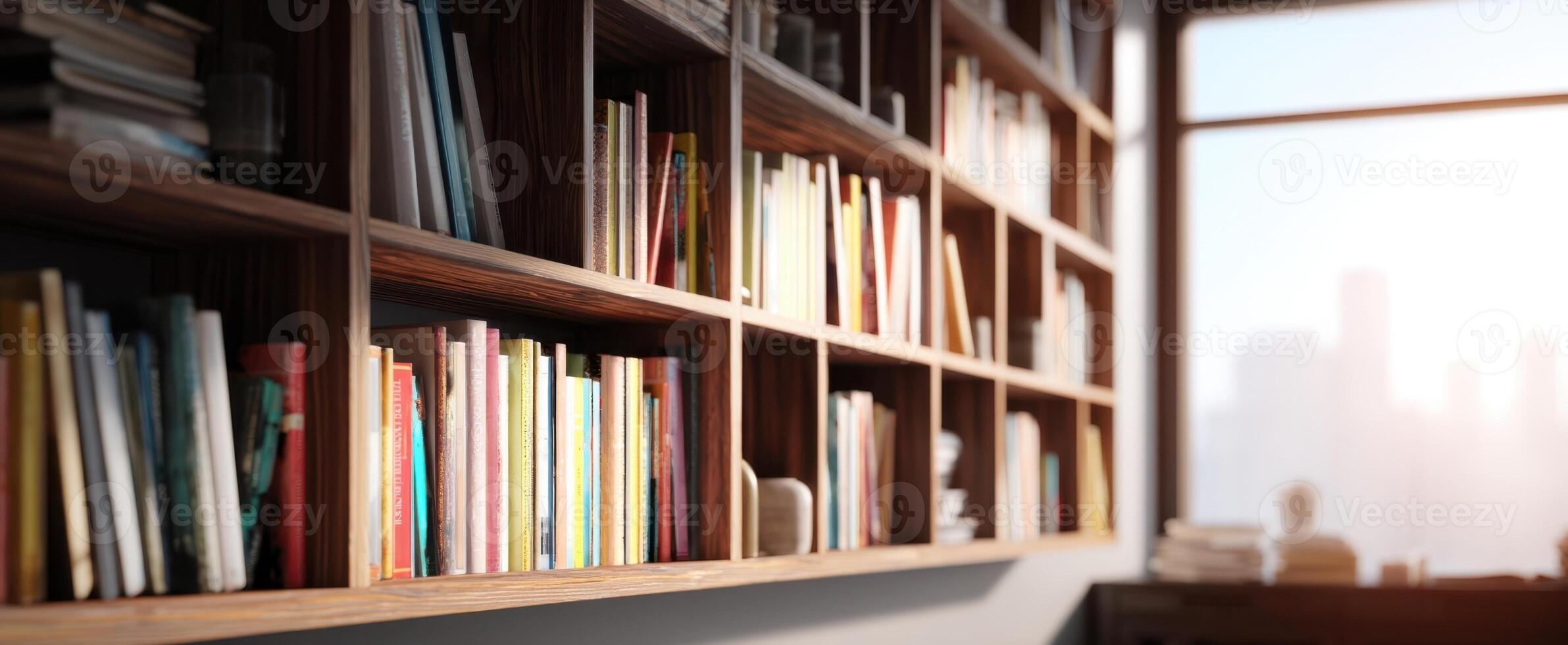 The inviting bookshelf filled with colorful books in a sunlit room photo