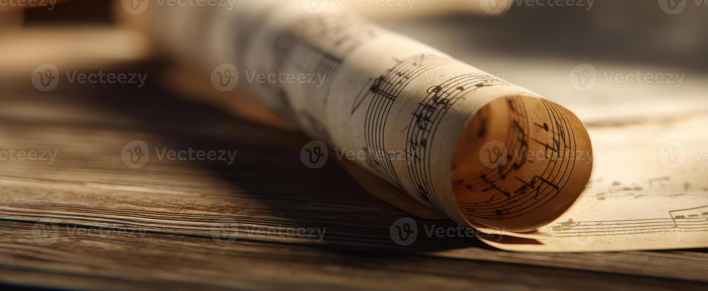 The vintage music scroll resting elegantly on a rustic wooden table photo