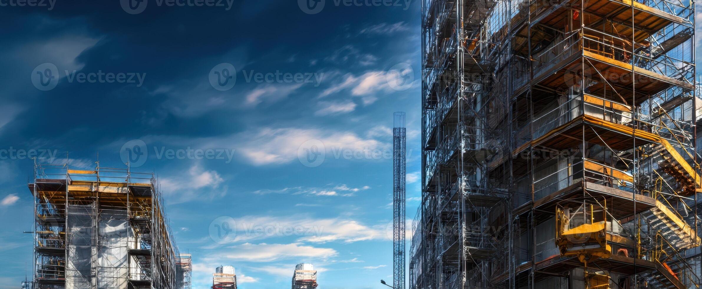 The bustling construction site showcasing intricate scaffolding against a clear sky. photo
