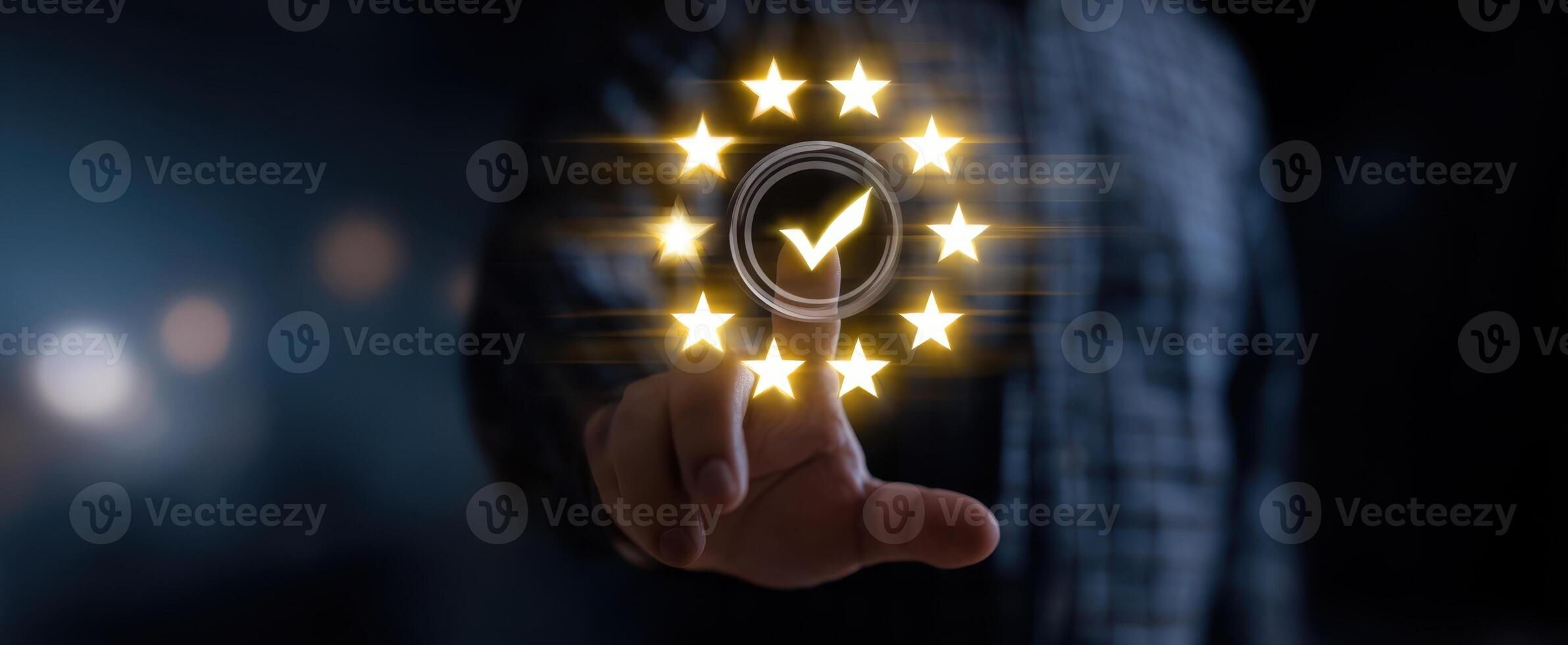 The approval process represented by a glowing checkmark surrounded by stars. photo