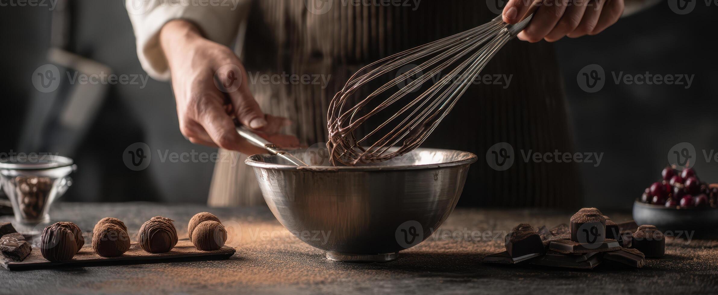 The art of chocolate making in a cozy kitchen environment. photo
