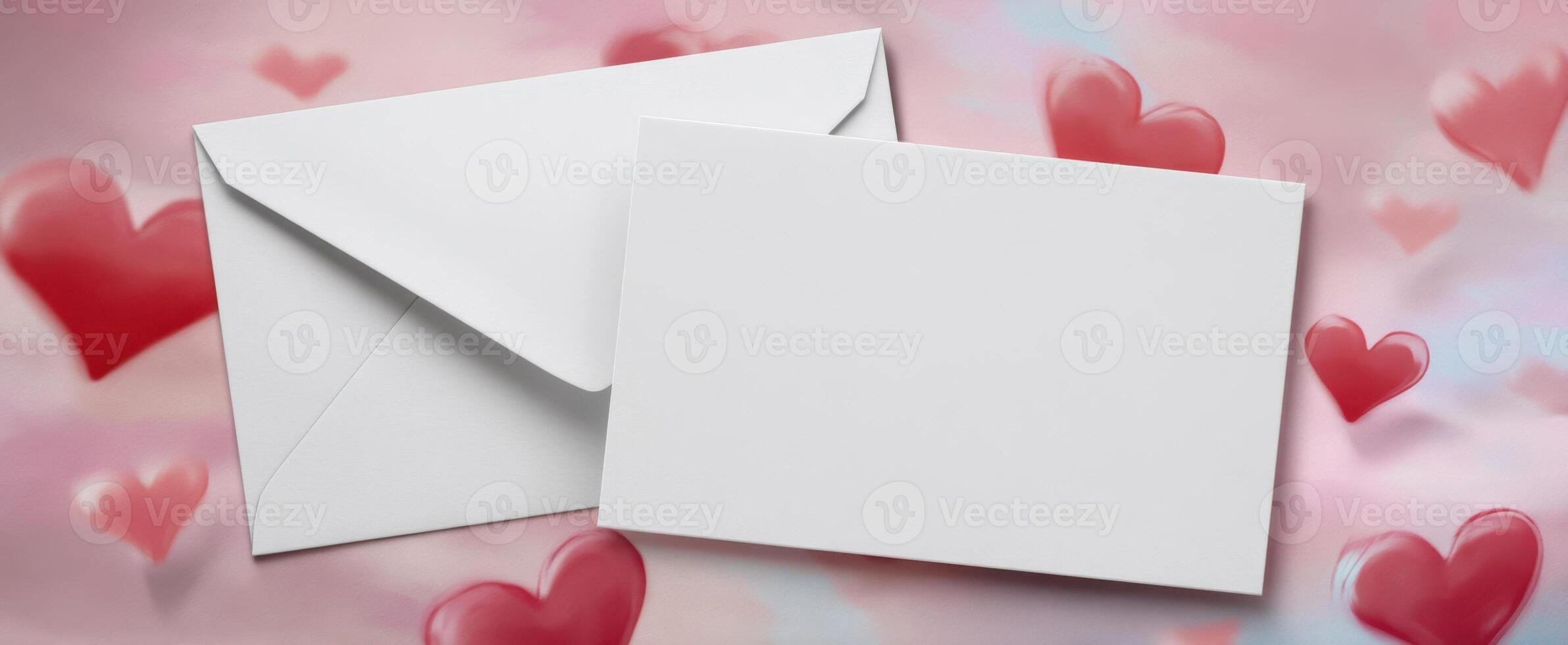 The blank card and envelope surrounded by floating hearts for love messages. photo