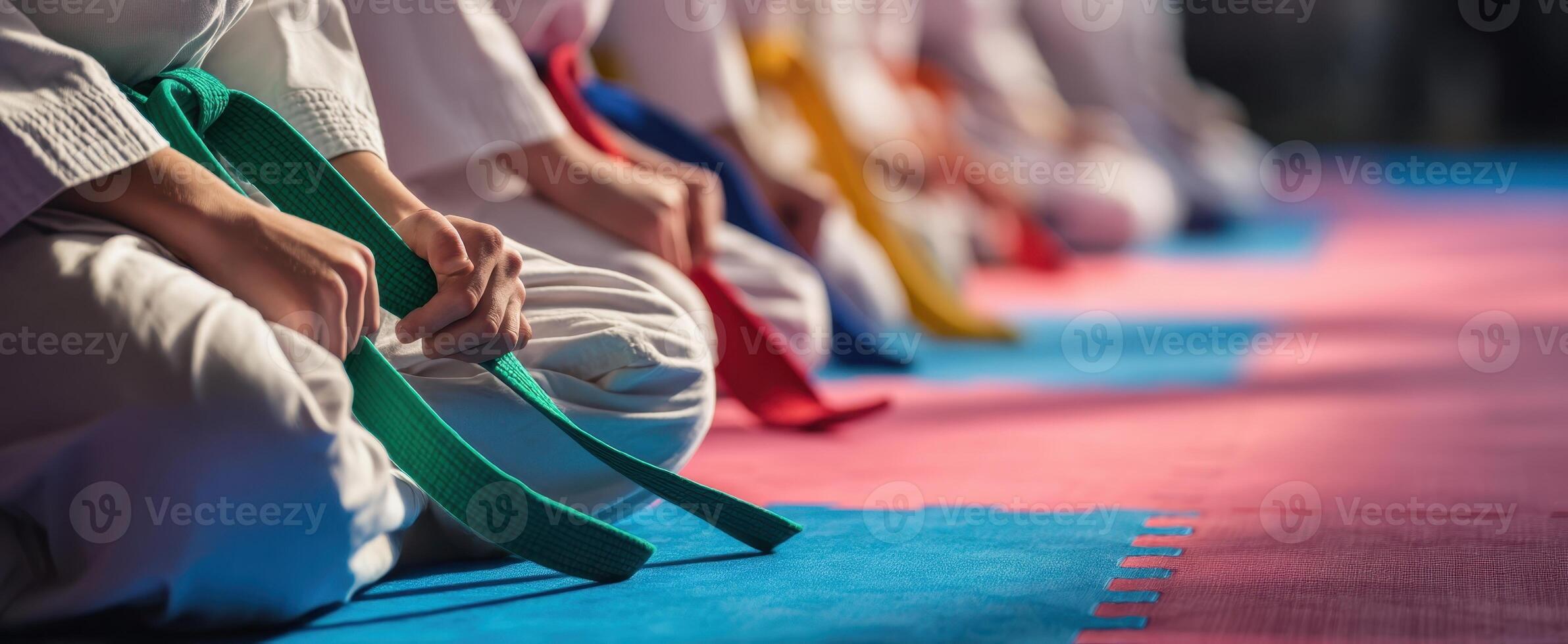The students demonstrate discipline during martial arts training with colorful belts. photo