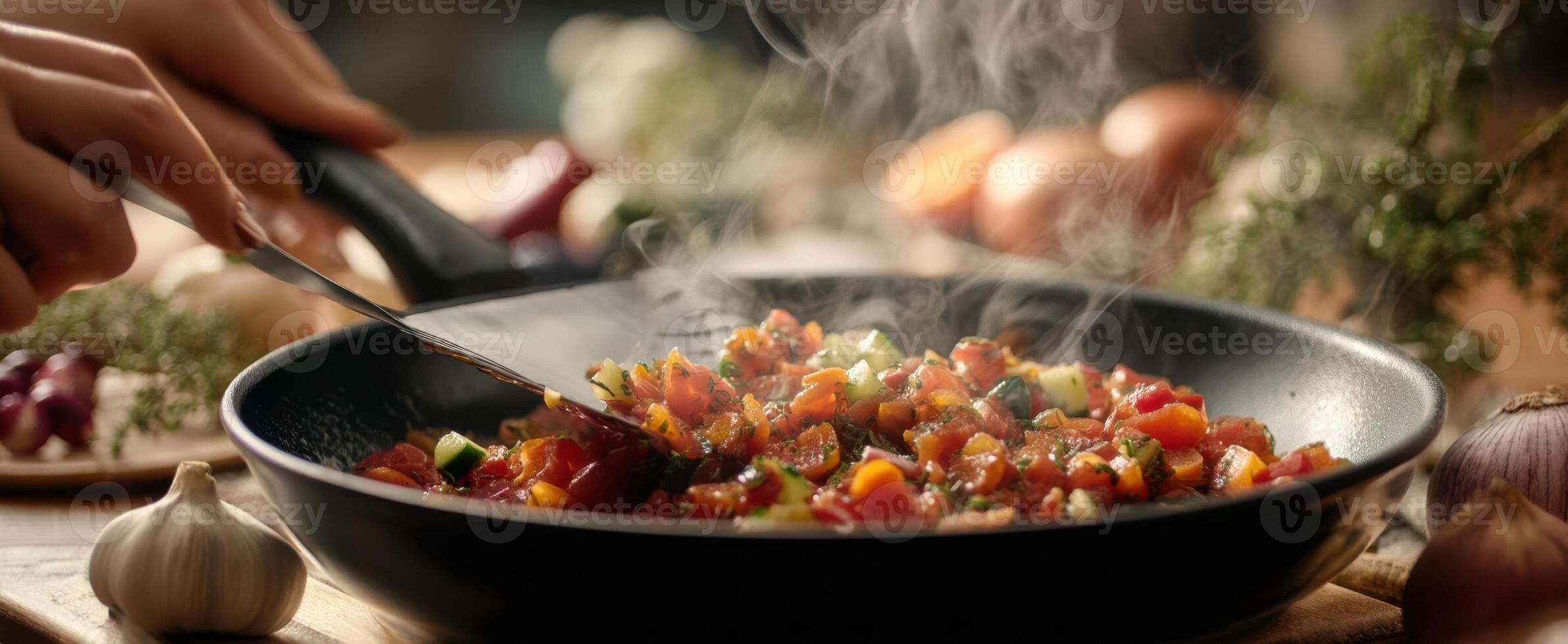 The sizzling saut of fresh vegetables in a modern kitchen setting. photo