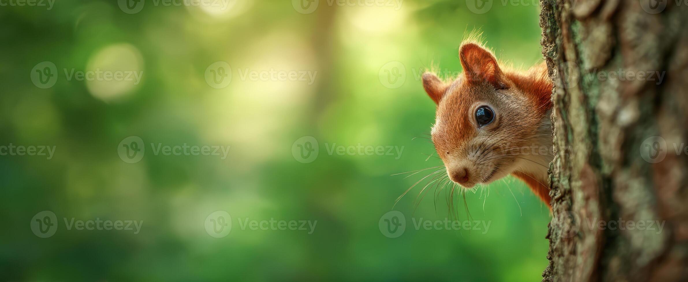 The curious squirrel peeking from behind a tree in lush greenery. photo