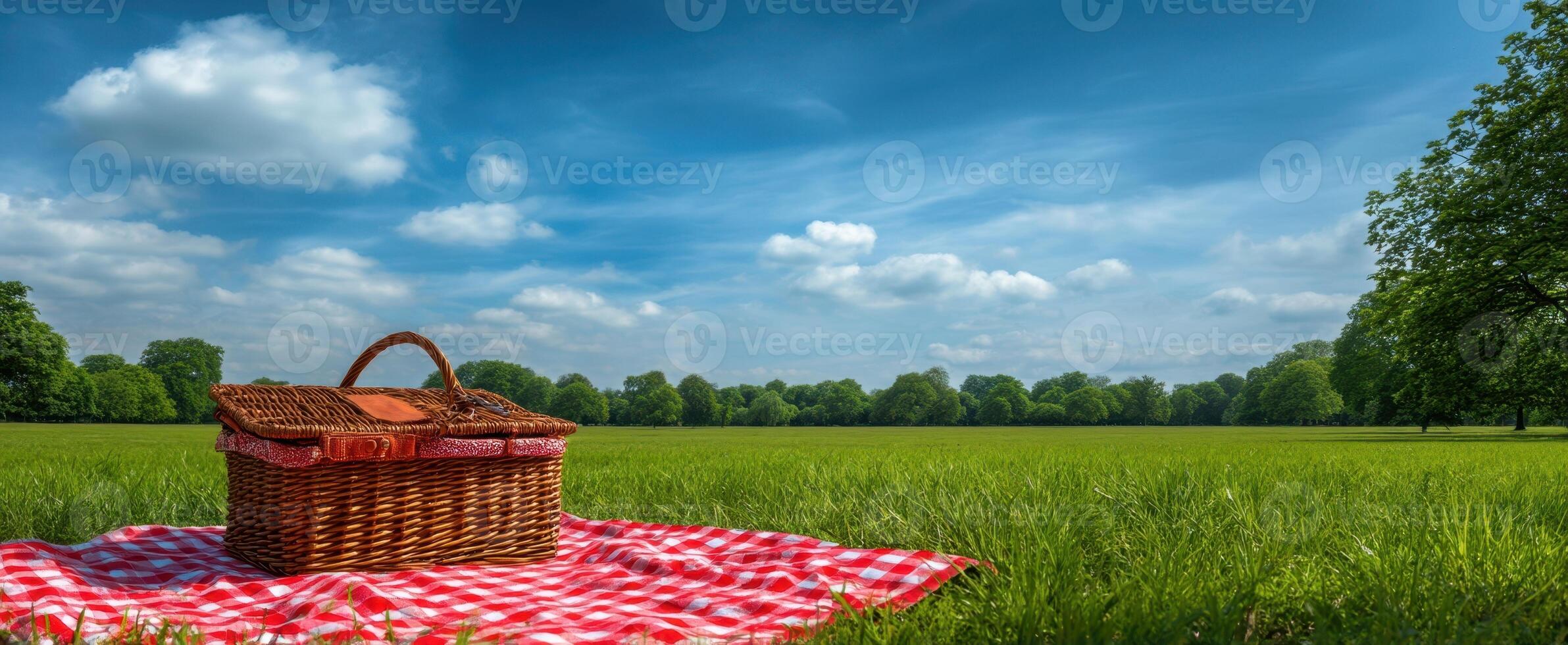 The picnic basket resting on a blanket in a serene green field. photo
