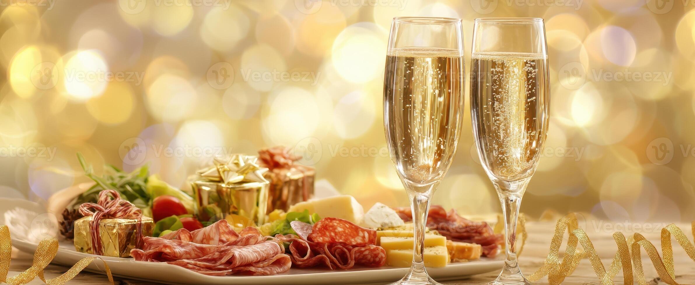 The elegant display of champagne glasses and gourmet appetizers for a celebration. photo