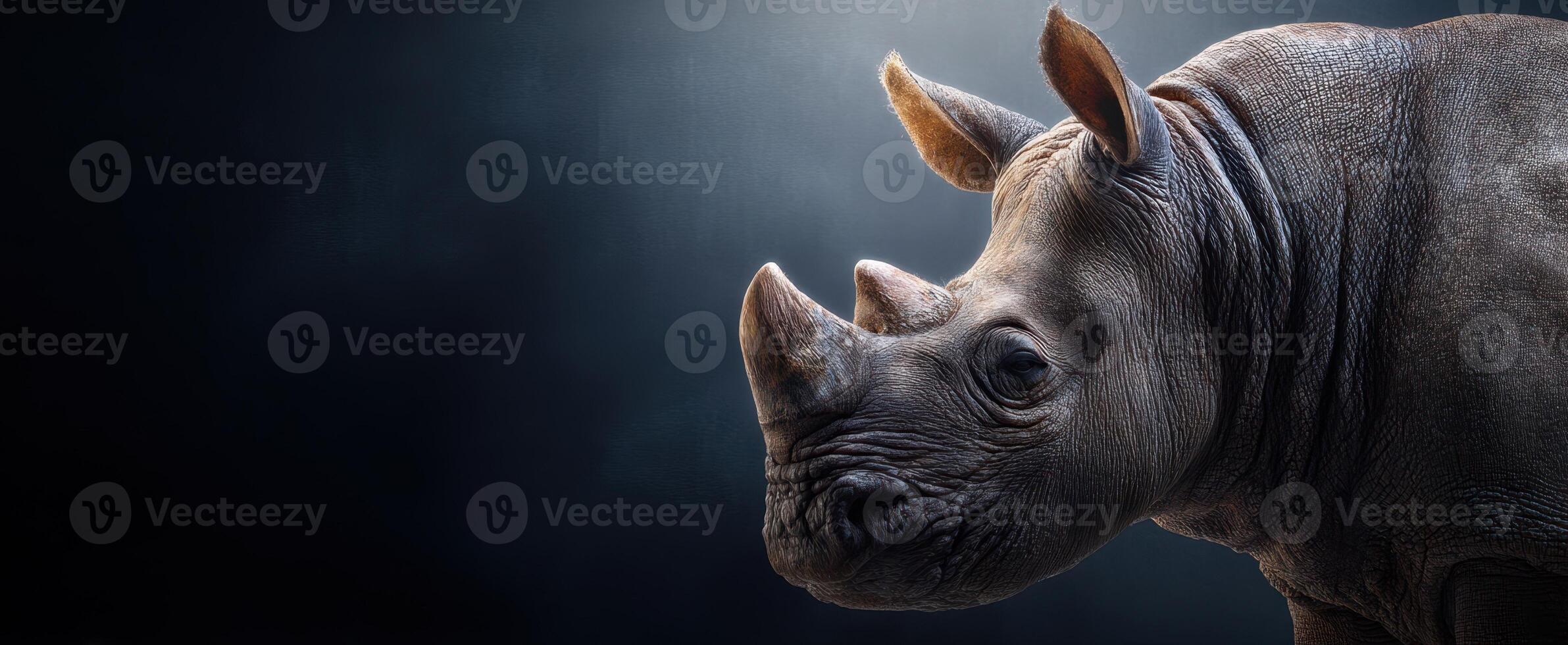 The majestic rhinoceros captured in a striking profile against a dark backdrop. photo
