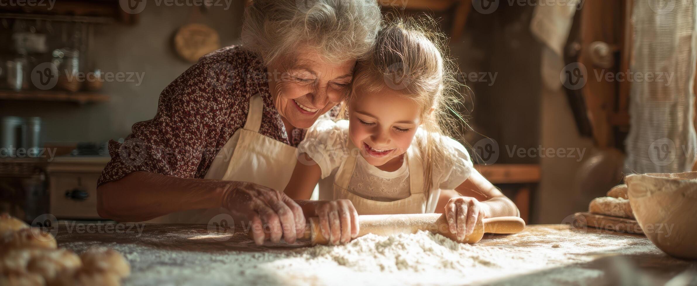 The joyful baking experience between grandmother and granddaughter in a cozy kitchen photo