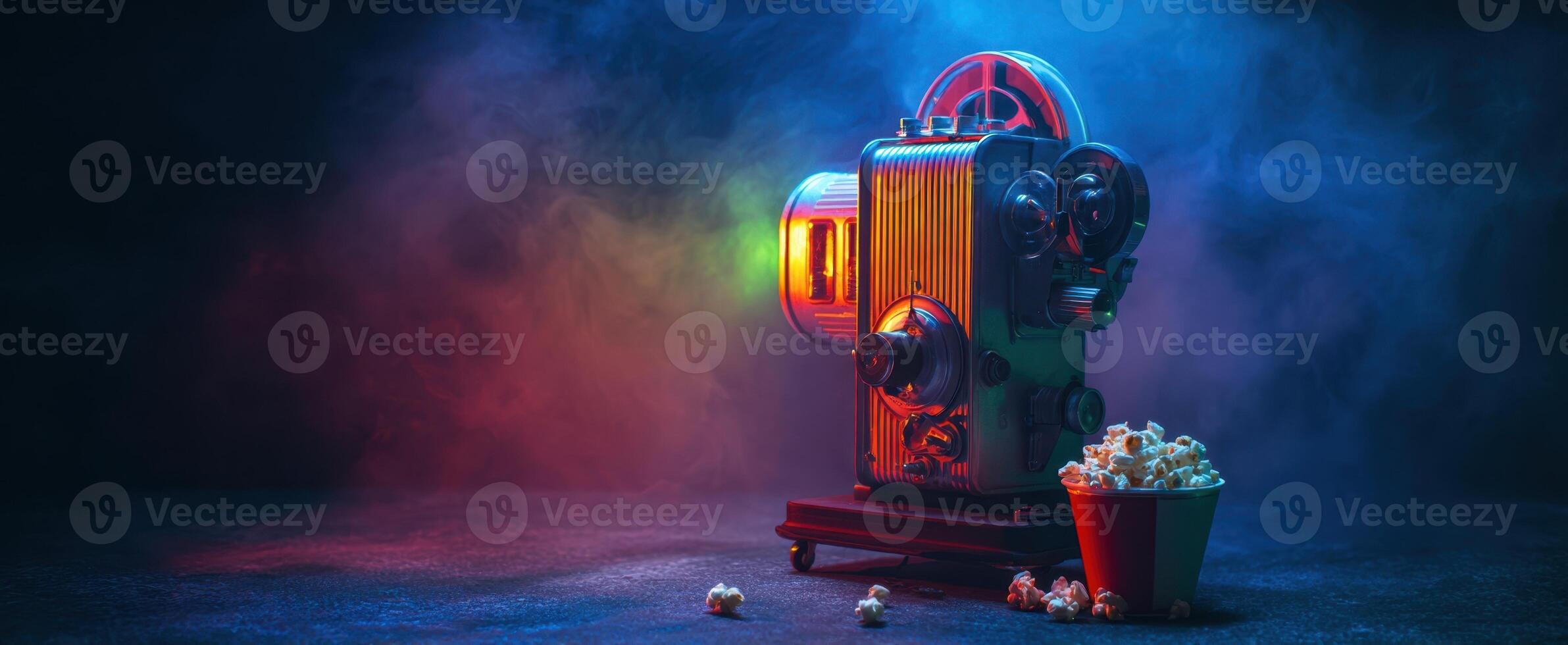 The vintage film projector with popcorn creating a nostalgic cinema atmosphere. photo