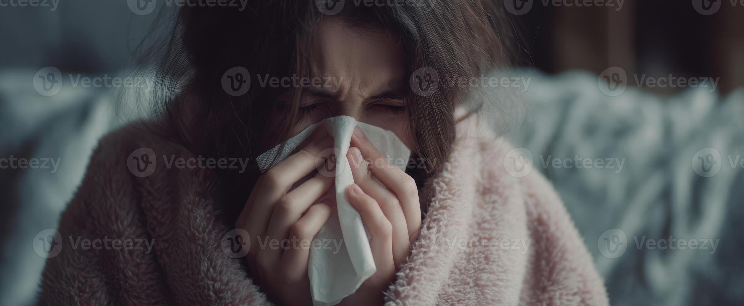 The girl covered in a blanket with a tissue, expressing deep emotional sadness. photo
