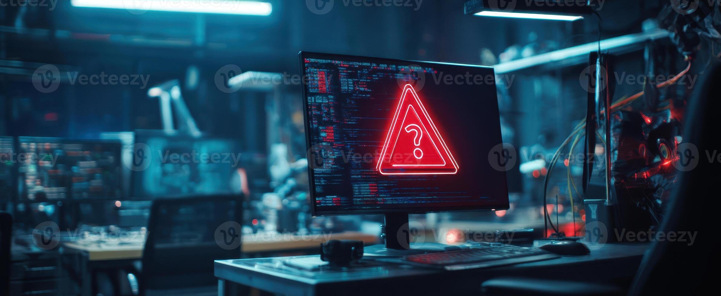 The computer screen with neon warning sign in a modern tech workspace. photo