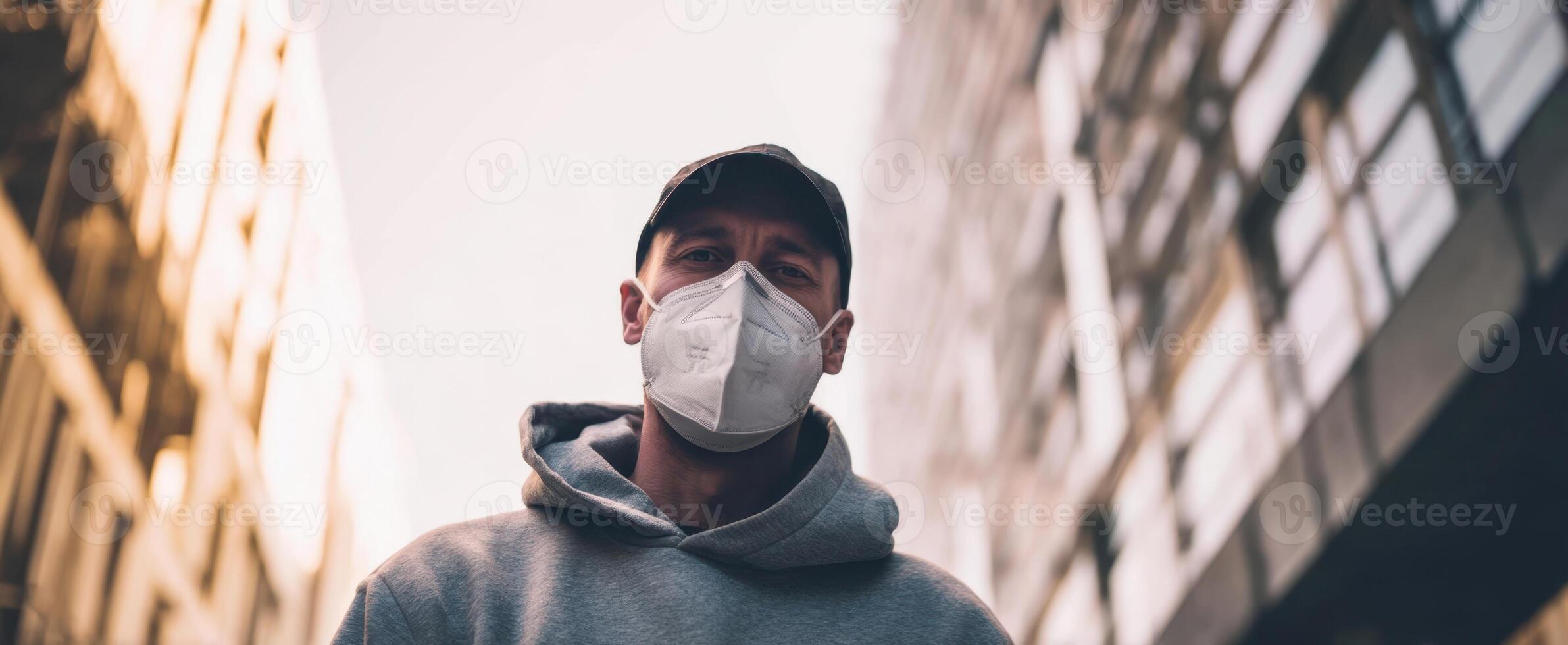 The urban individual wearing a protective mask in a modern city environment. photo