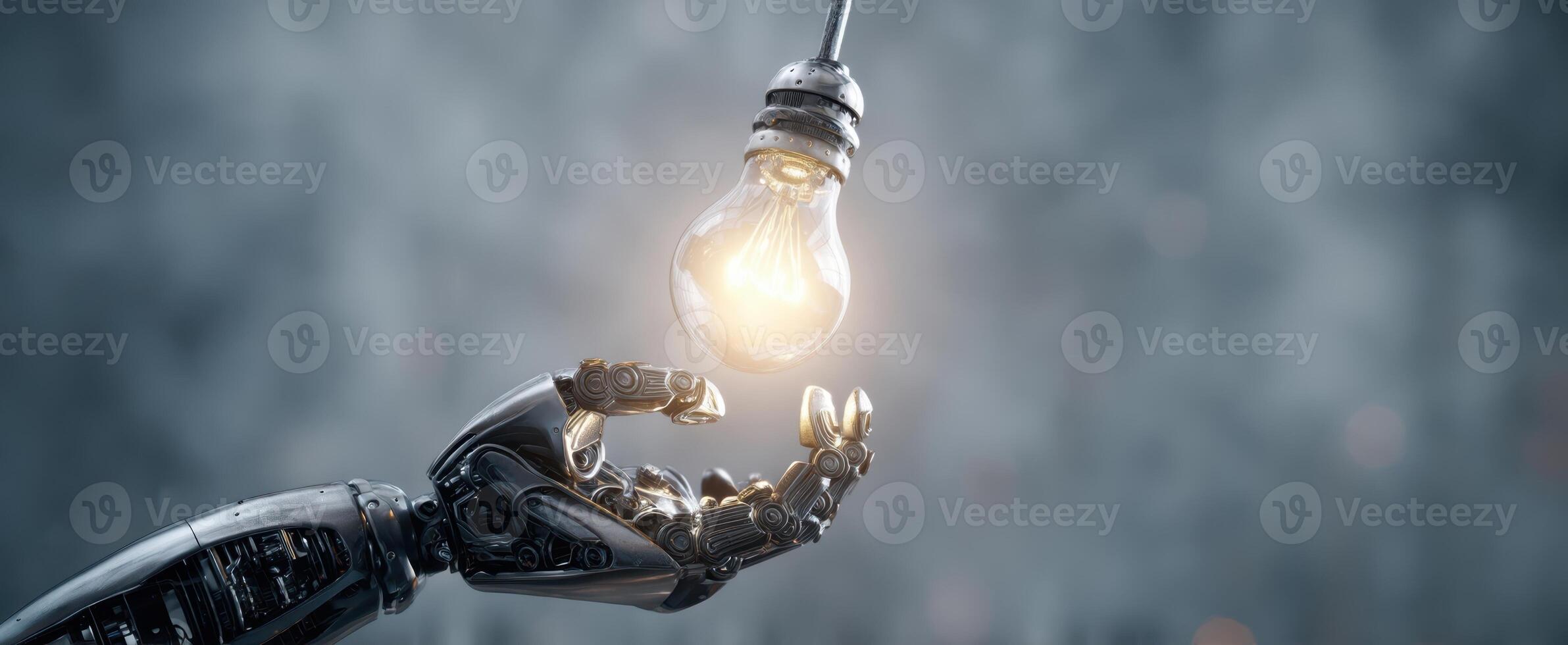 The robotic hand holding a glowing light bulb symbolizing innovation and technology. photo
