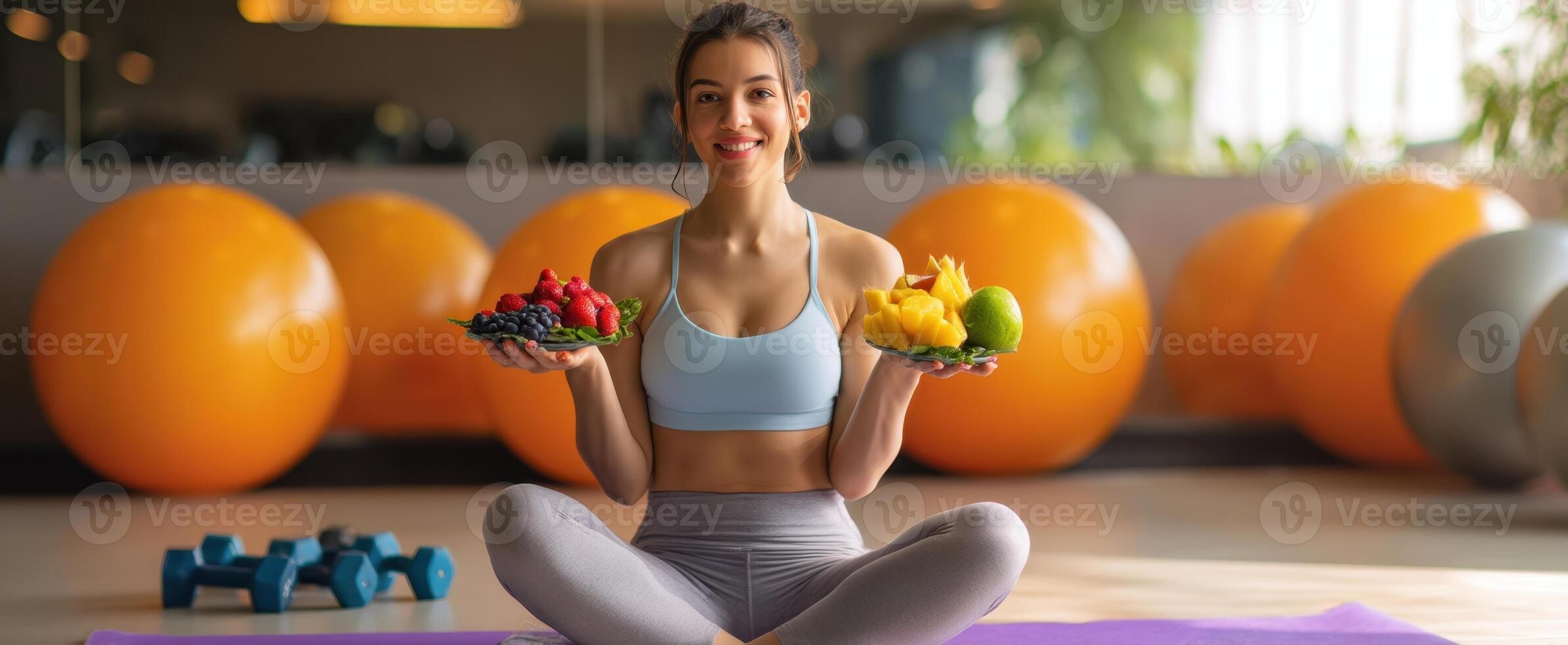 The woman practicing yoga while holding fresh fruits in a vibrant gym setting. photo