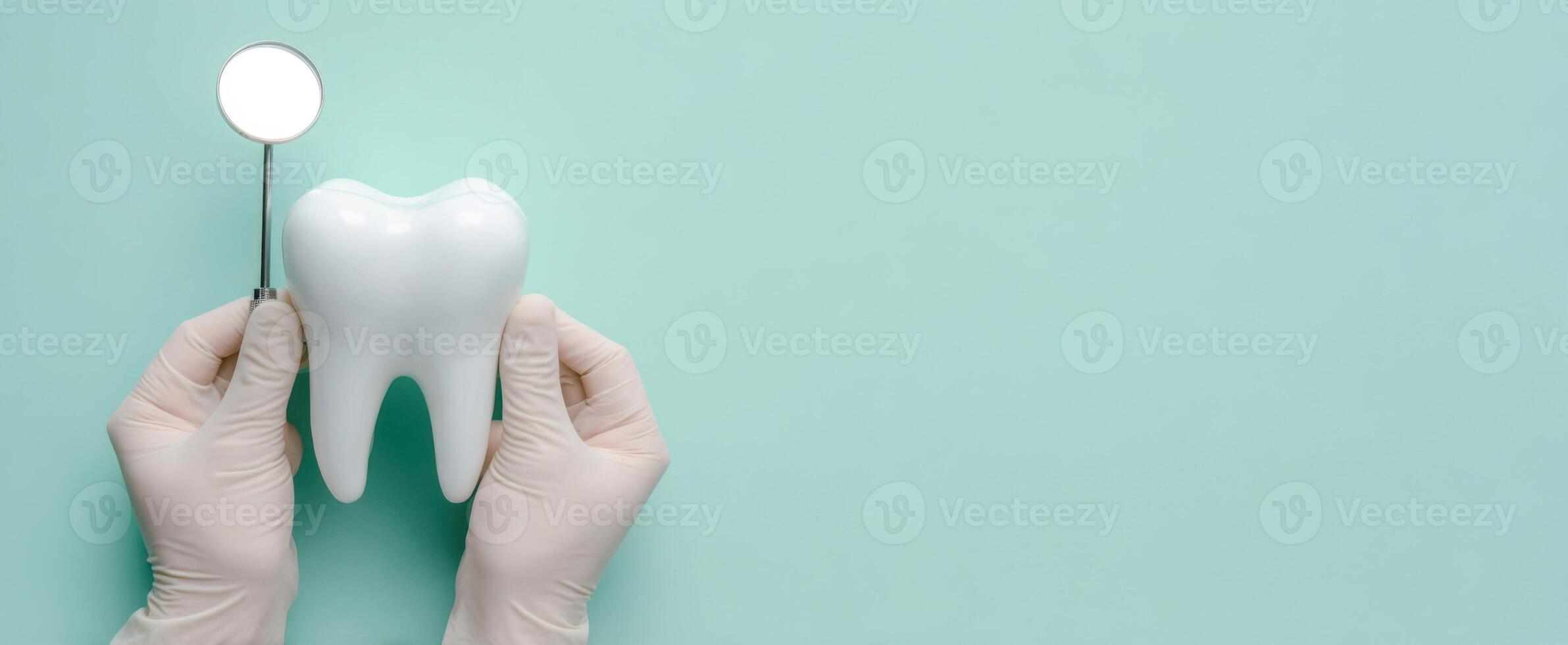 The dental examination with a model tooth and mirror in hand. photo