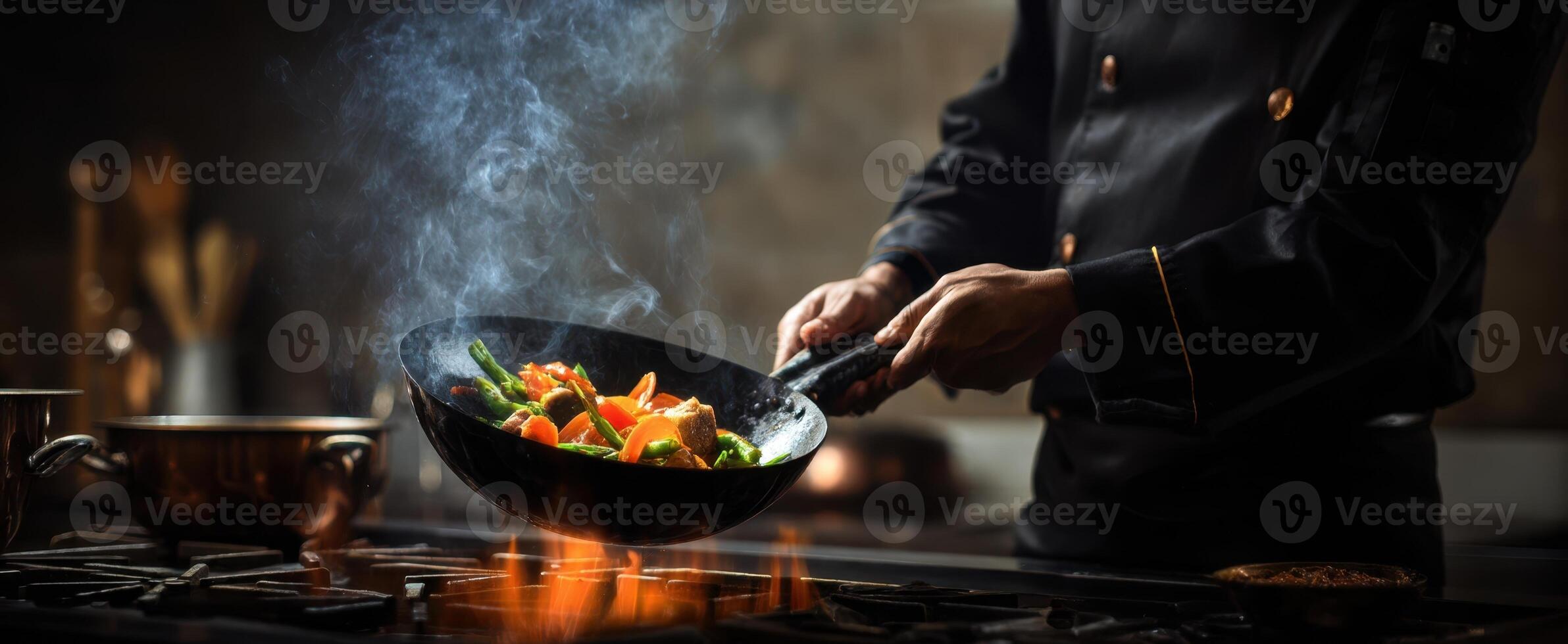 A chef is cooking food on a stove photo