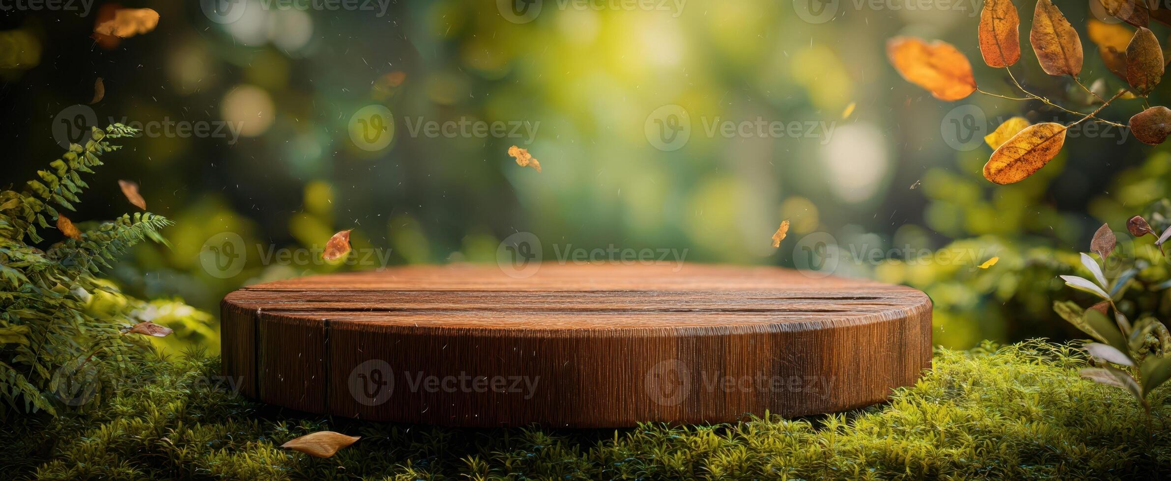 The circular wooden platform surrounded by vibrant autumn foliage and soft sunlight. photo