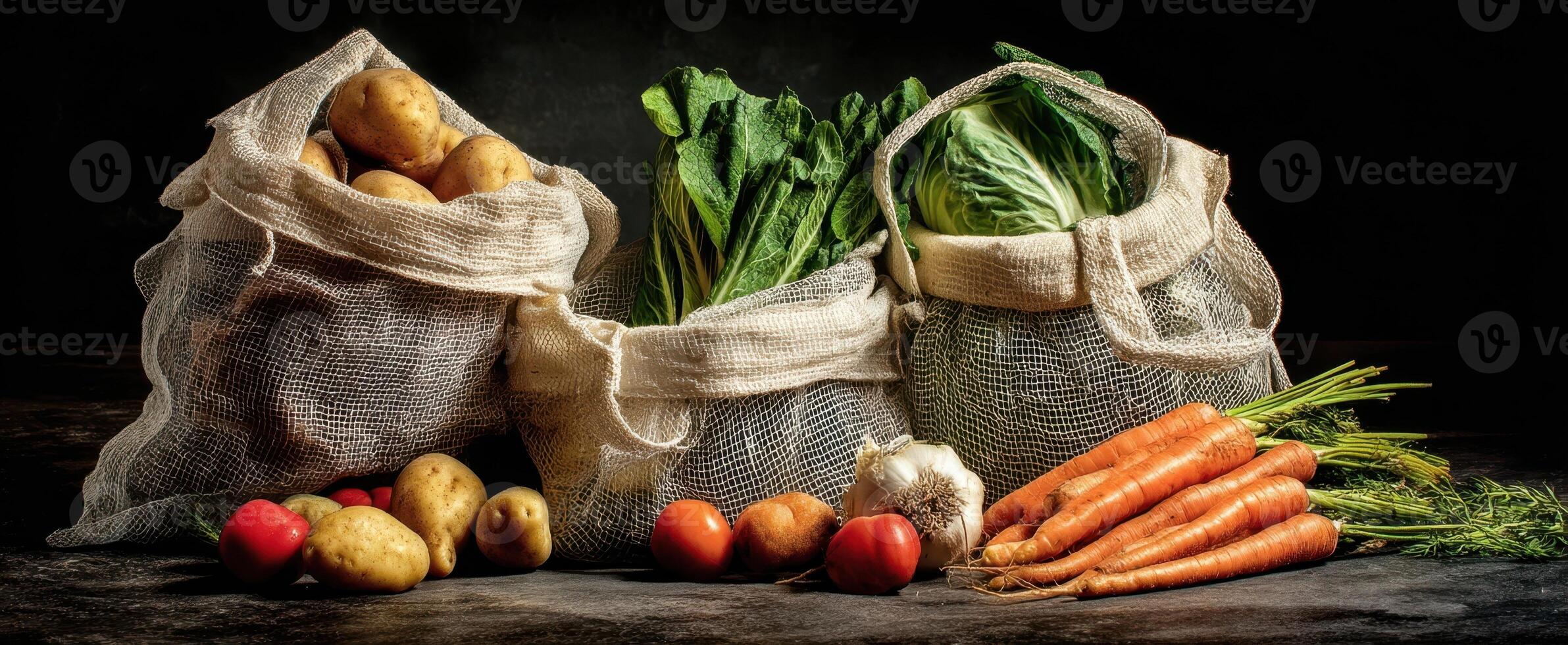 The vibrant display of fresh vegetables in rustic burlap sacks. photo