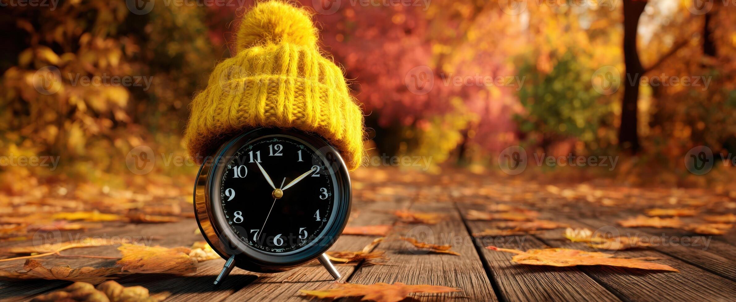 The charming clock wearing a cozy yellow hat in autumn scenery. photo