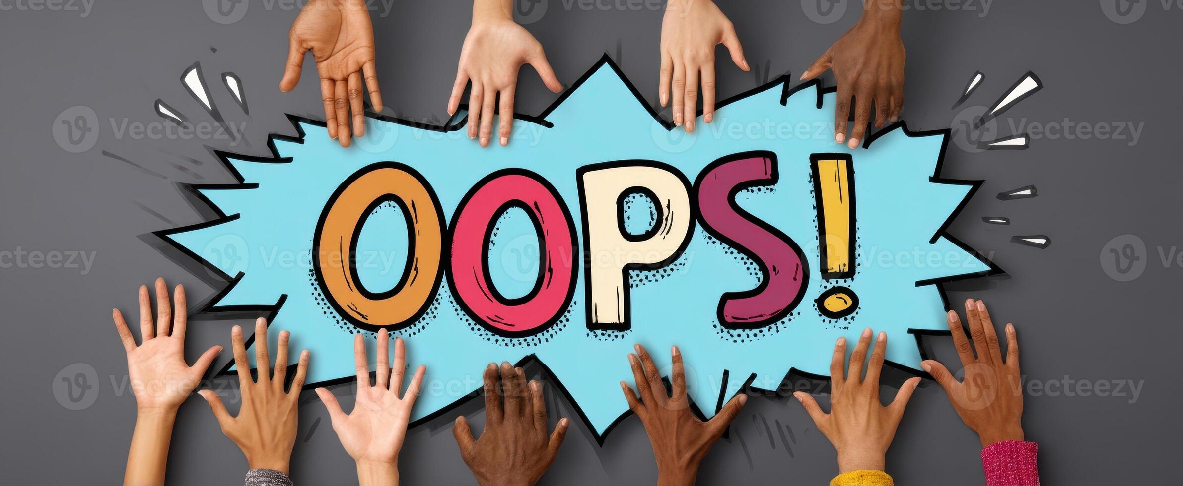 The colorful hands reaching out to express surprise with an 'Oops' message. photo