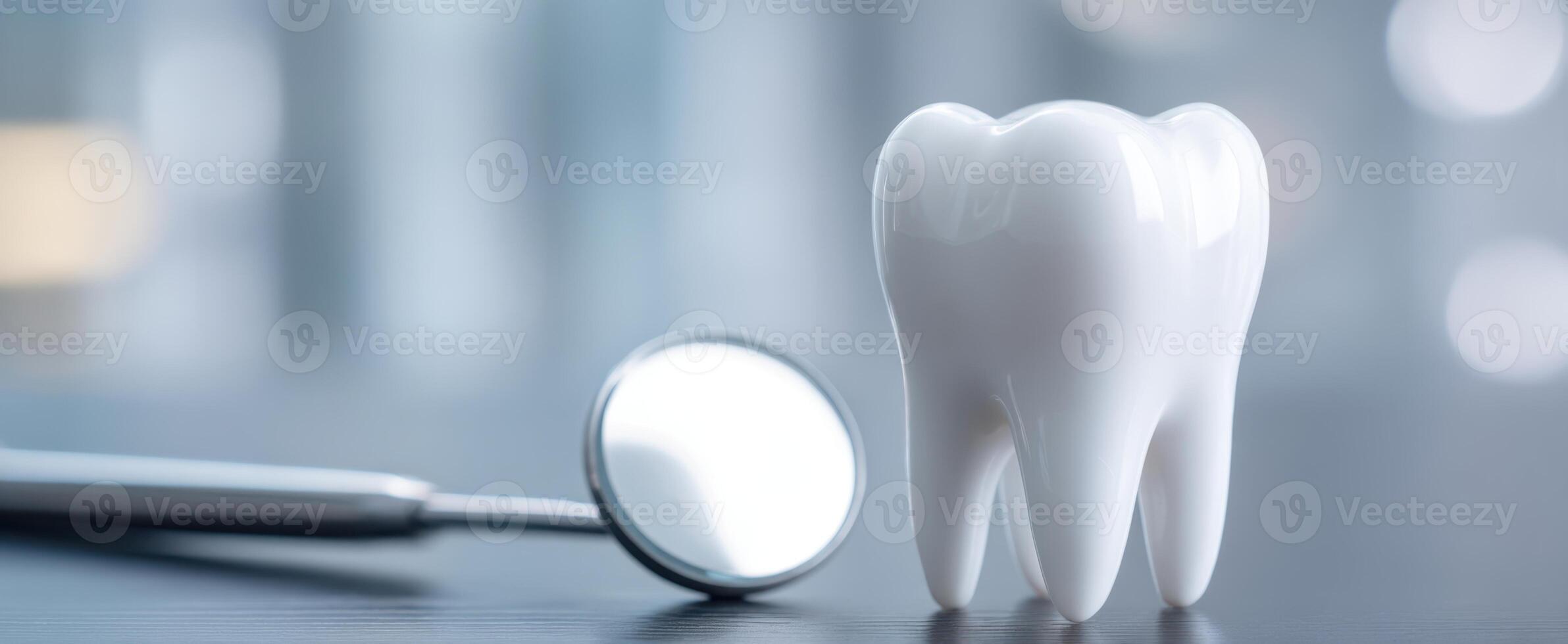 The white tooth model alongside a dental mirror in a professional setting. photo