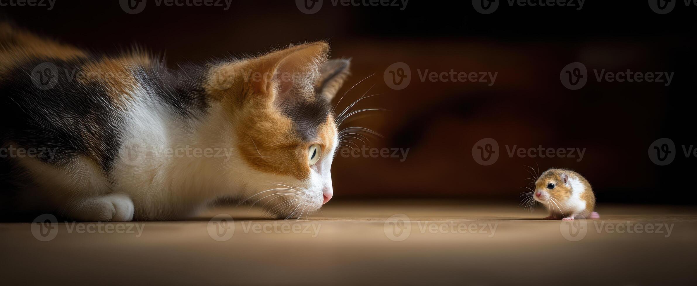 The curious cat observes a tiny mouse during a playful encounter. photo