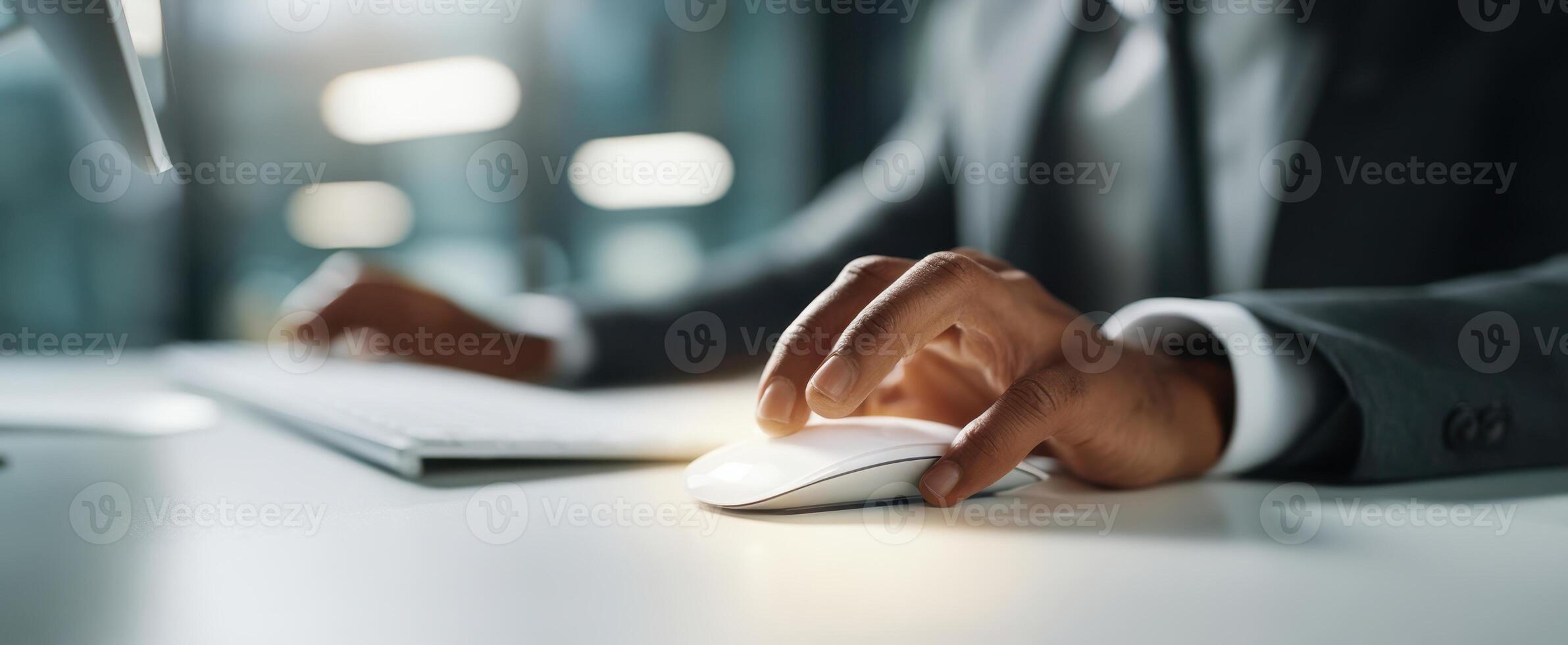 The business professional using a computer mouse in a modern office environment. photo