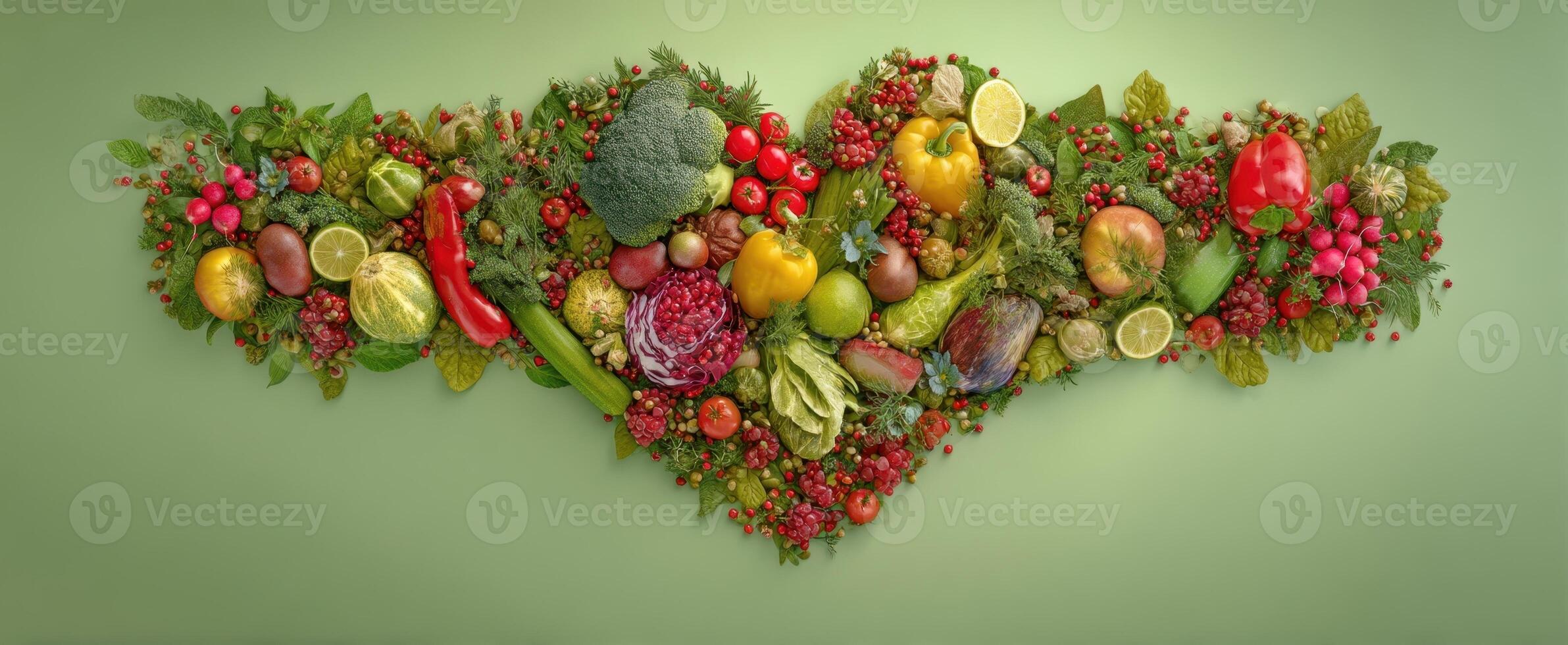 The vibrant arrangement of fresh fruits and vegetables on a green backdrop. photo