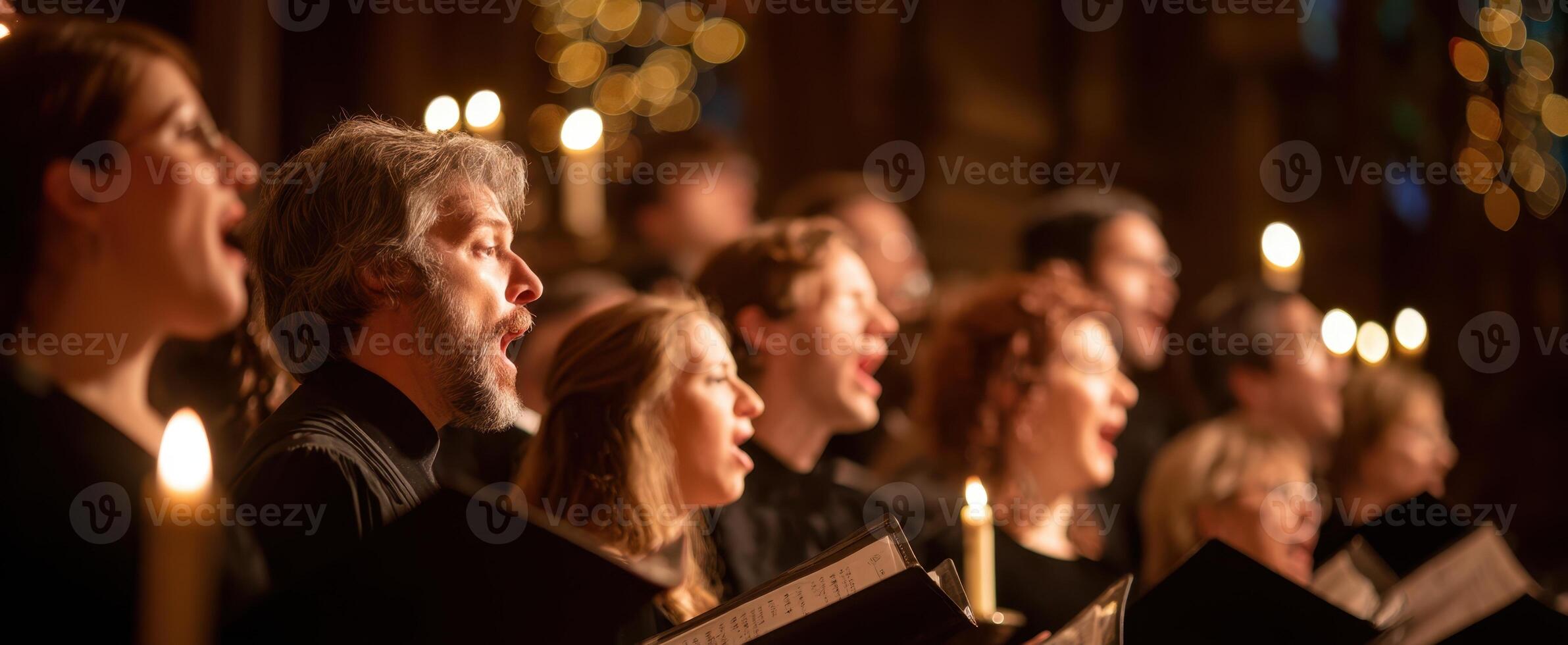 The choir performing passionately under warm candlelight in a festive setting. photo