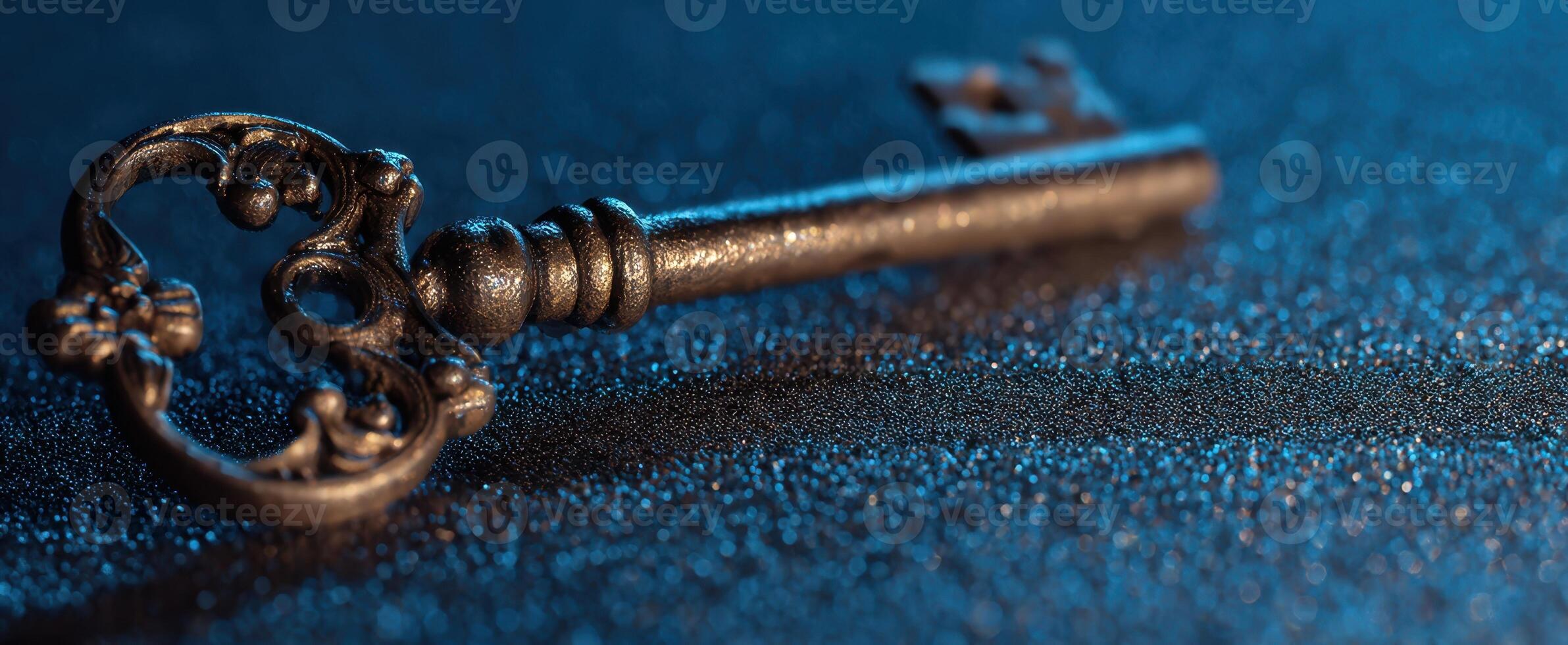 The antique key resting on a textured surface with dramatic lighting. photo