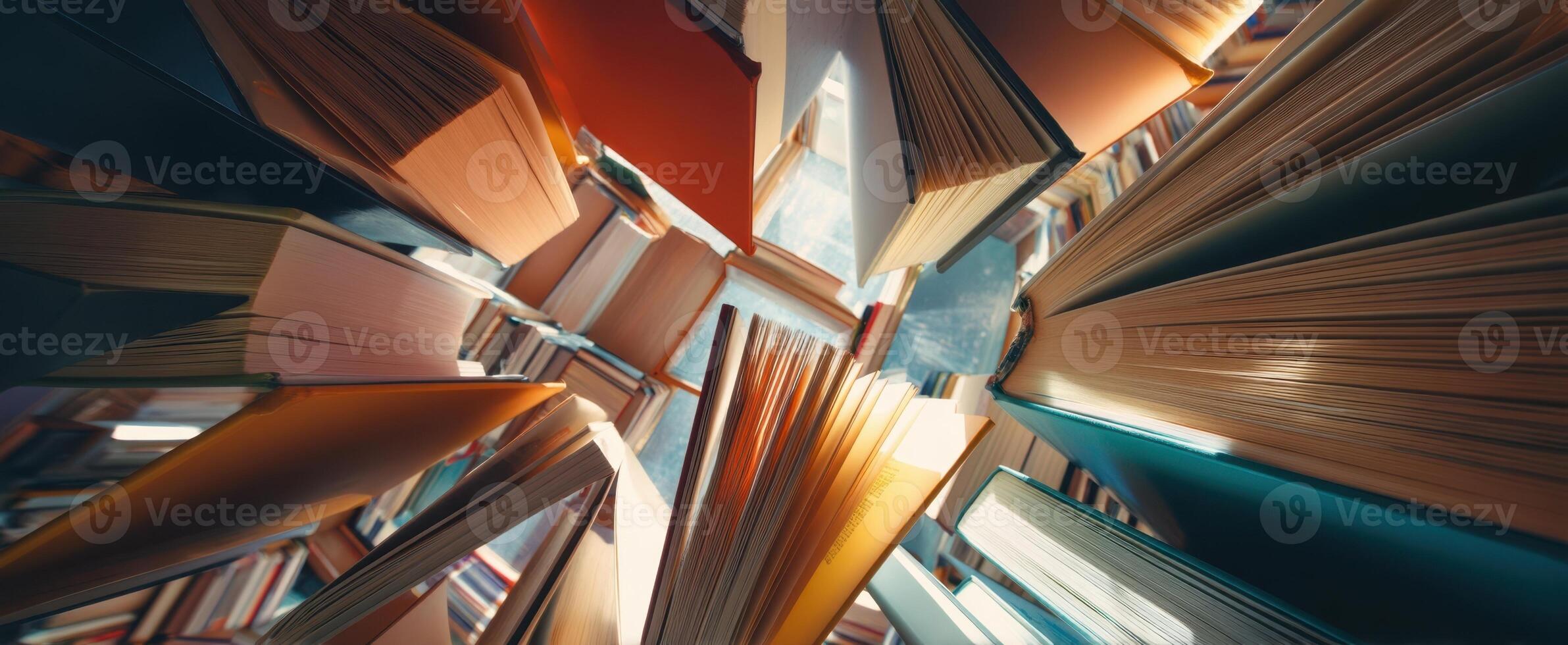 The dynamic arrangement of colorful books creating a vibrant reading environment. photo