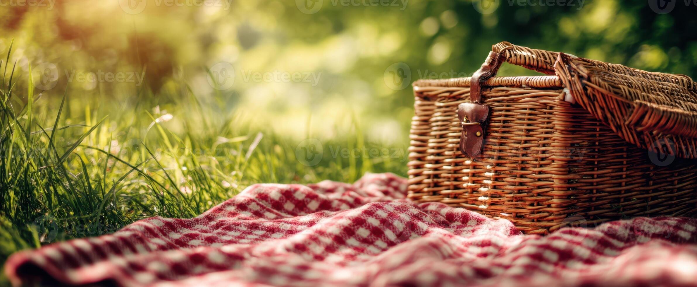 The inviting picnic basket resting on a checkered blanket in a sunlit meadow. photo