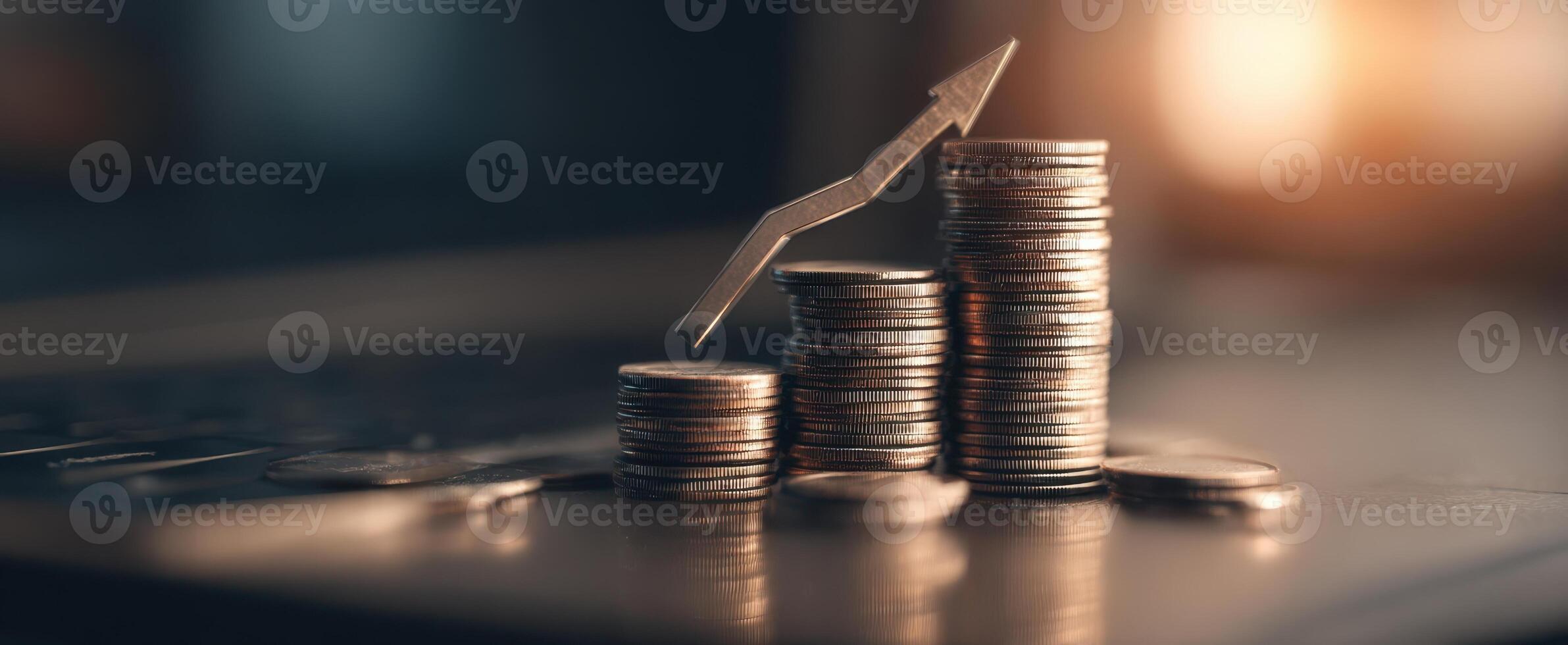 The coins stacked with an upward arrow showing financial growth and investment potential. photo