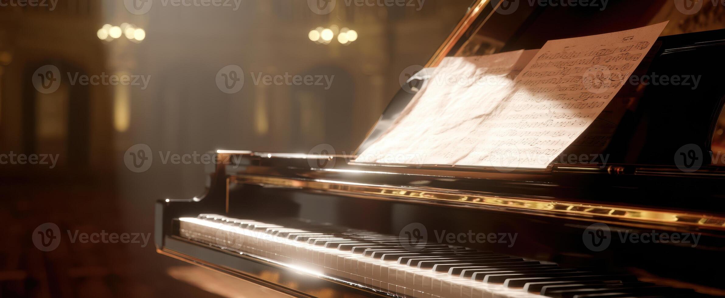 The elegant piano with sheet music illuminated by soft stage lights. photo
