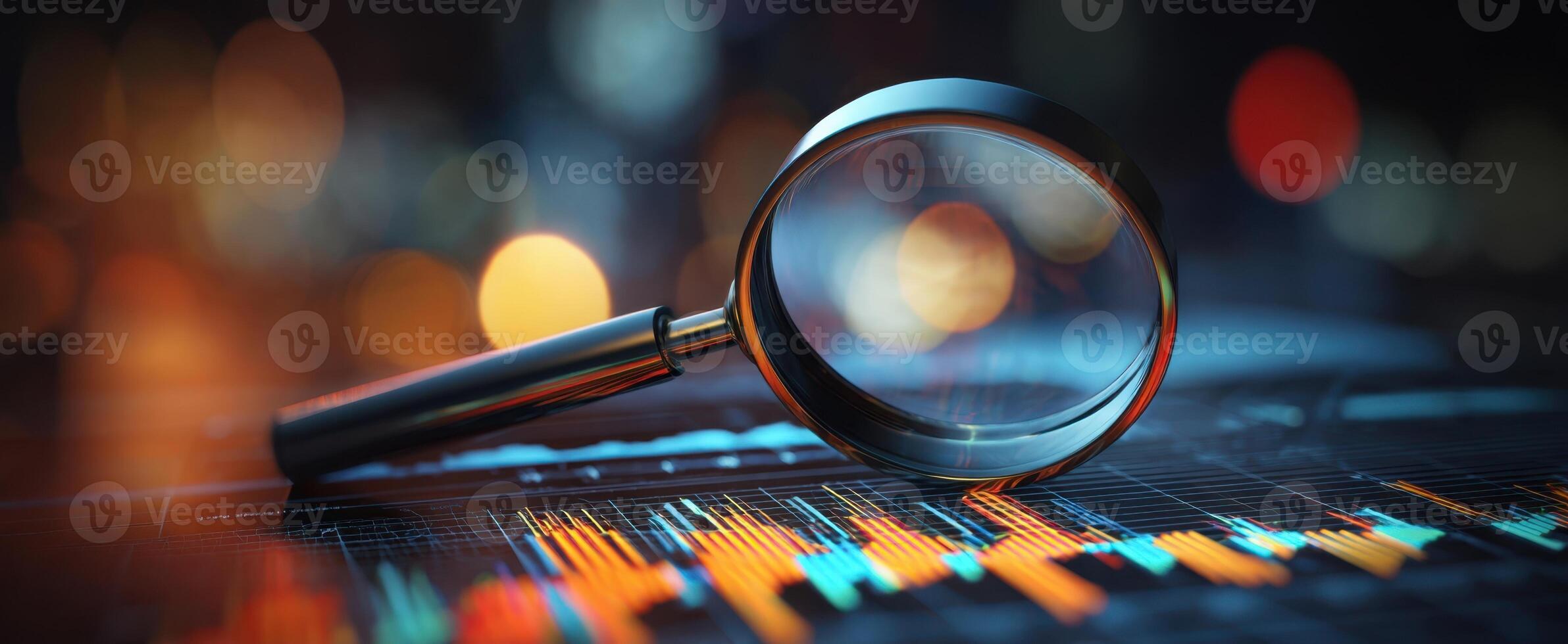 The magnifying glass highlighting data analysis on financial graphics. photo