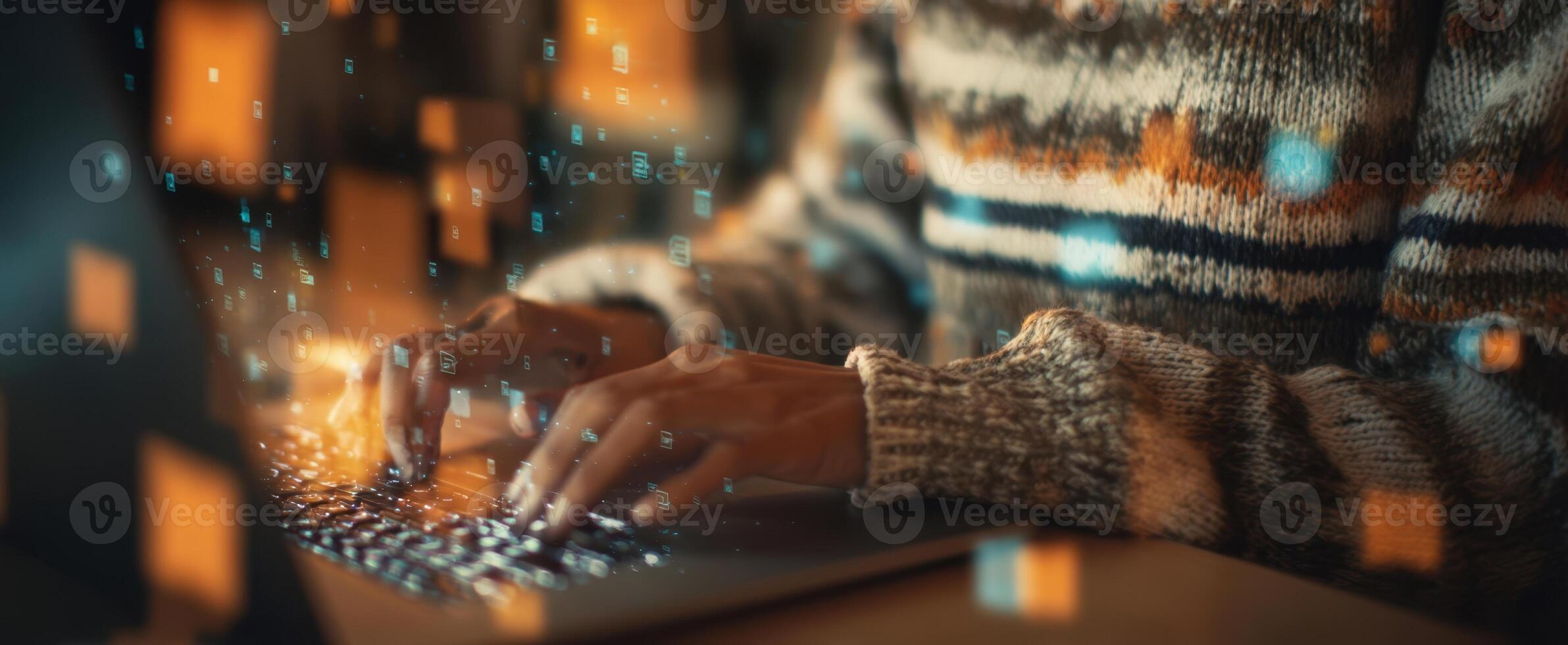 The modern hands typing on a laptop with digital data flowing around. photo