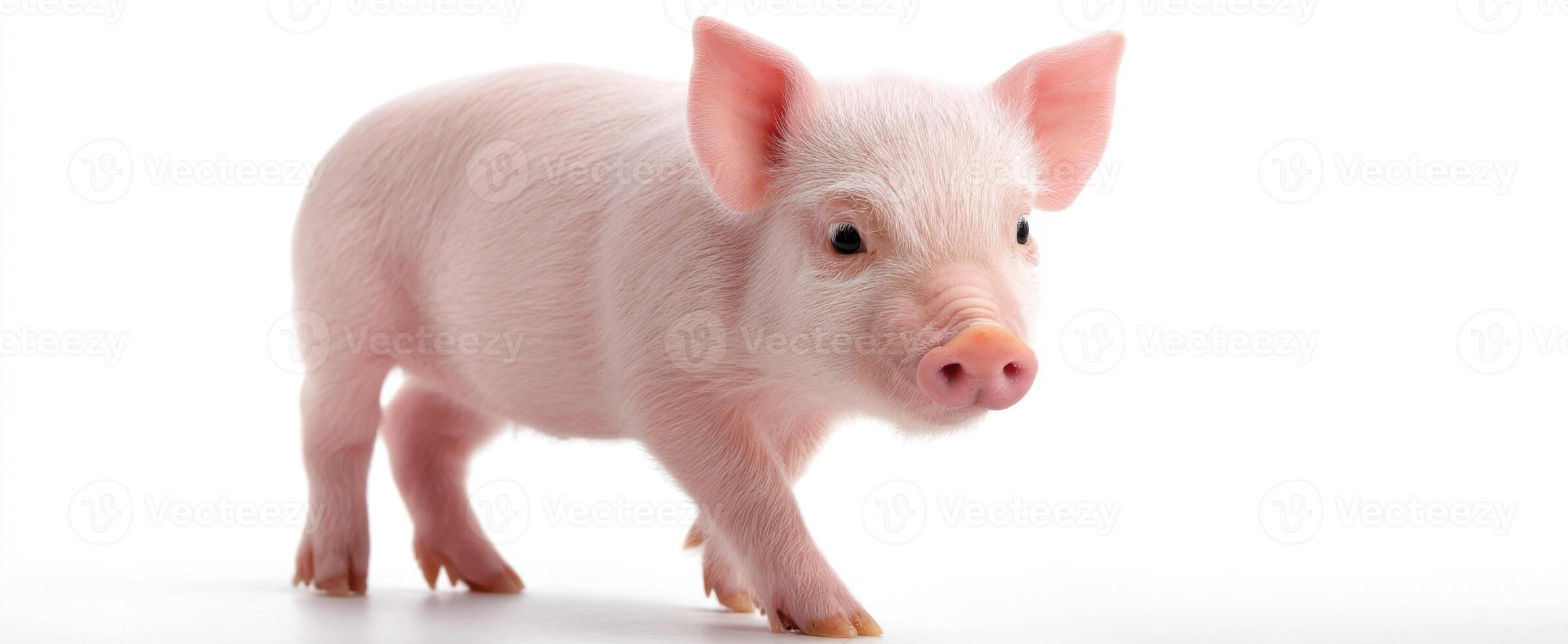 The adorable piglet walking joyfully in a pristine studio setting. photo