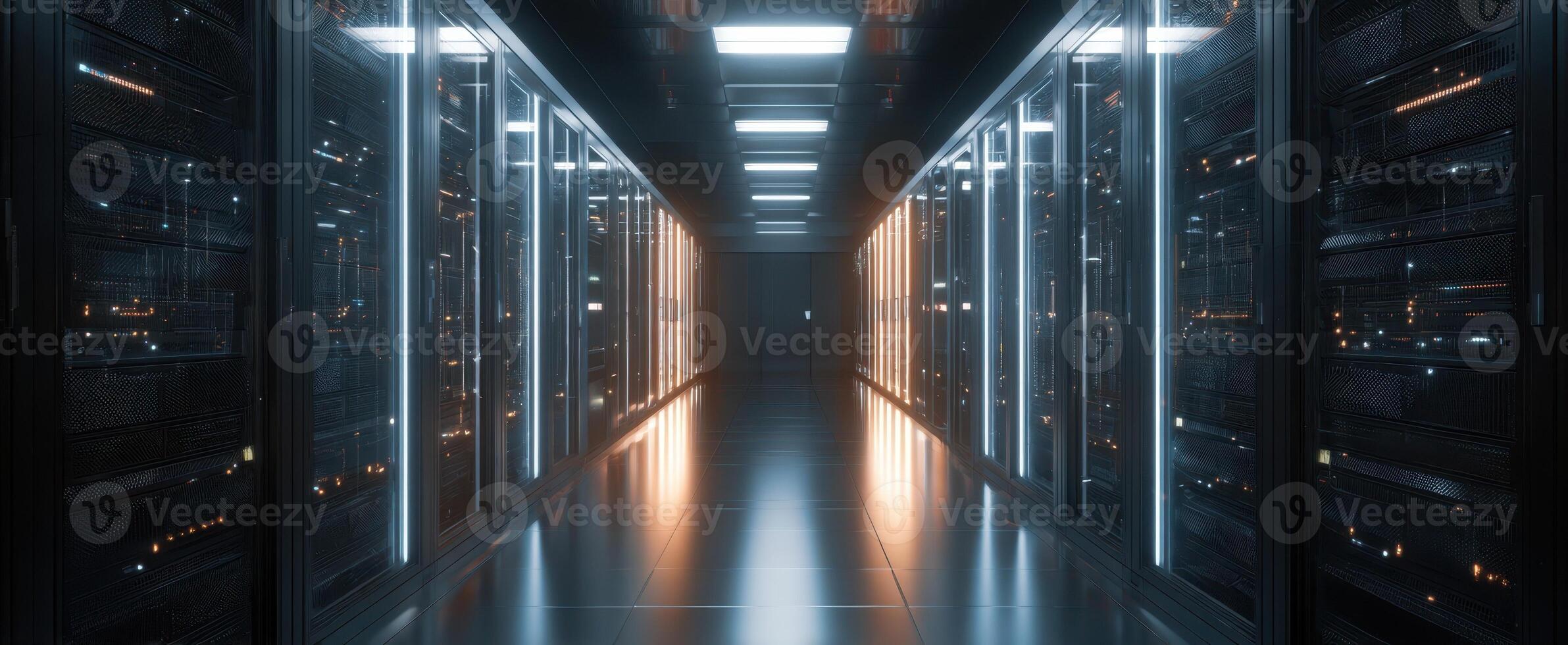 The modern server corridor showcasing advanced data storage technology. photo