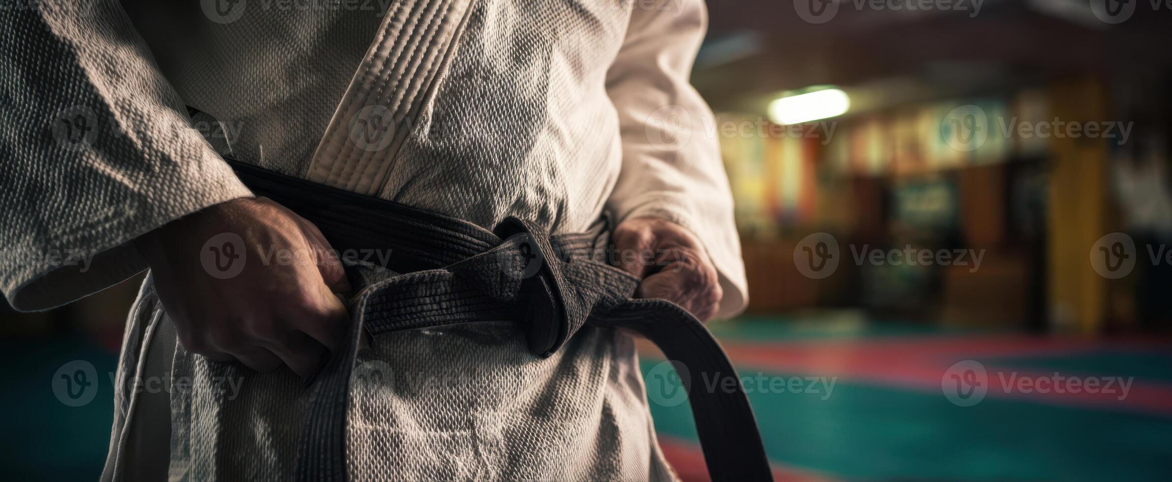 The athlete tying a black belt in a judo dojo before training session. photo